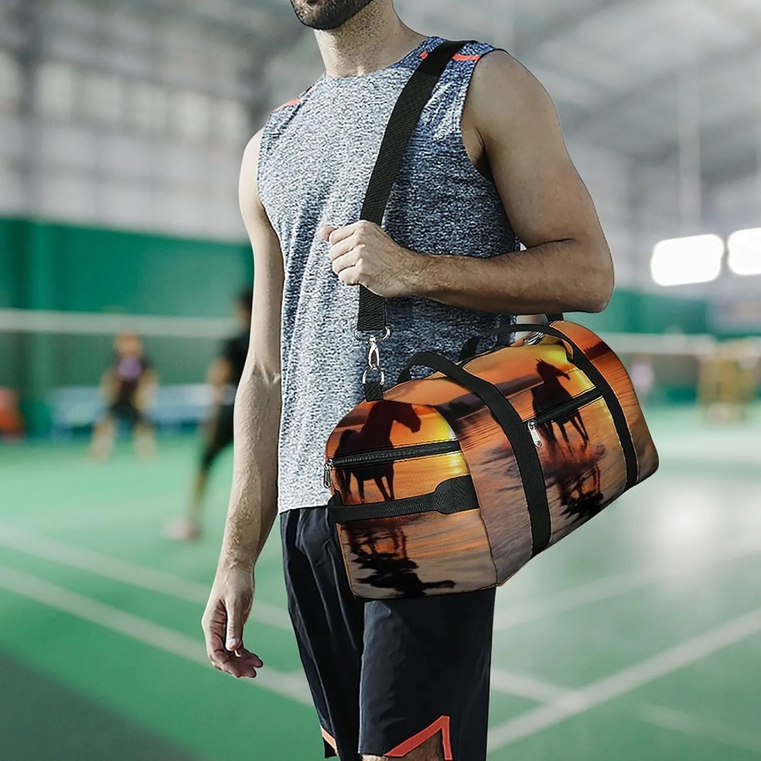 Gym Bag Sunsets Lake Horses Duffel Bag for Men Women Overnight Bag with Shoe Compartment Workout Bags