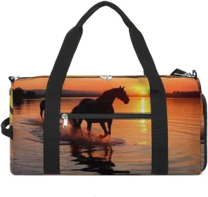 Gym Bag Sunsets Lake Horses Duffel Bag for Men Women Overnight Bag with Shoe Compartment Workout Bags