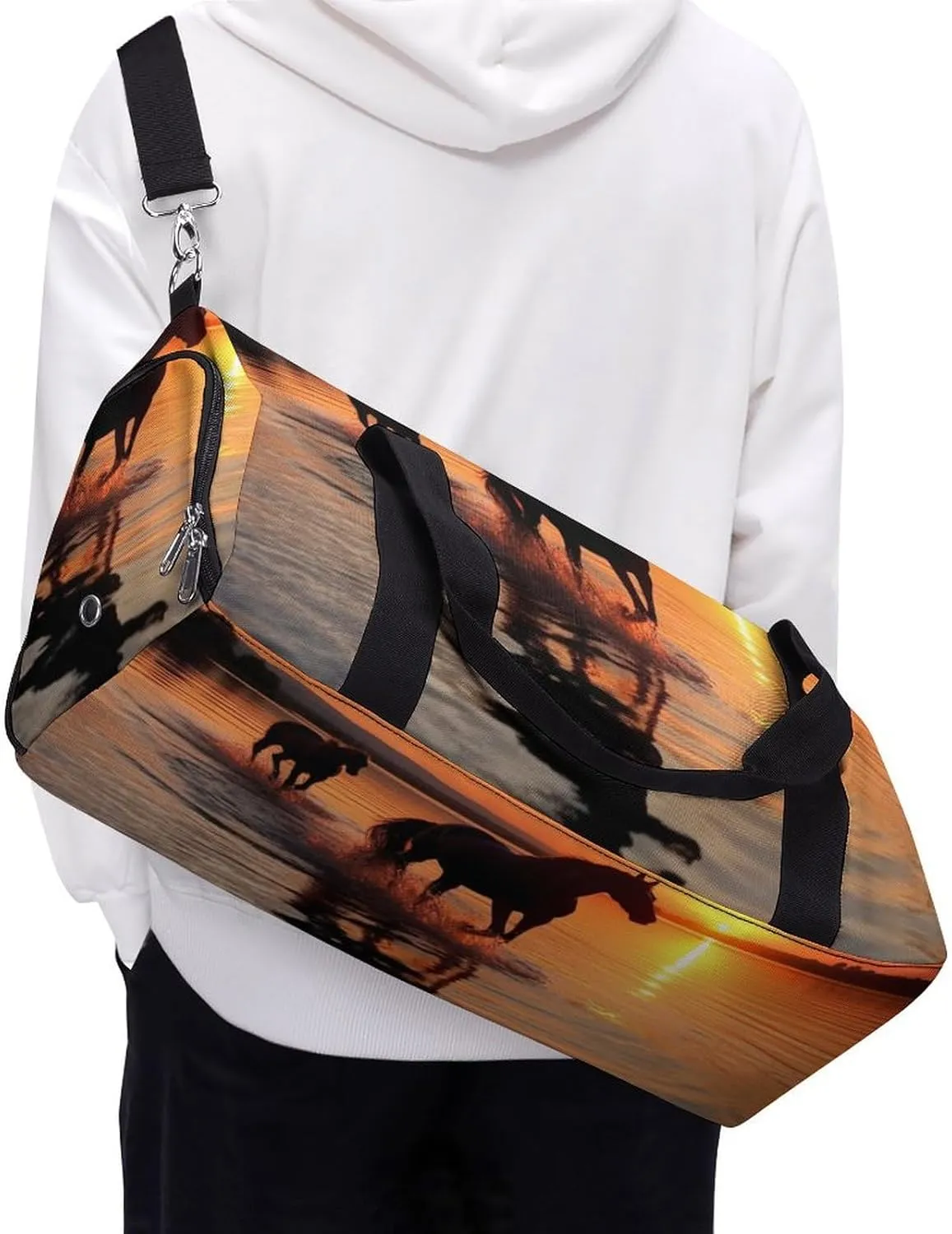 Gym Bag Sunsets Lake Horses Duffel Bag for Men Women Overnight Bag with Shoe Compartment Workout Bags