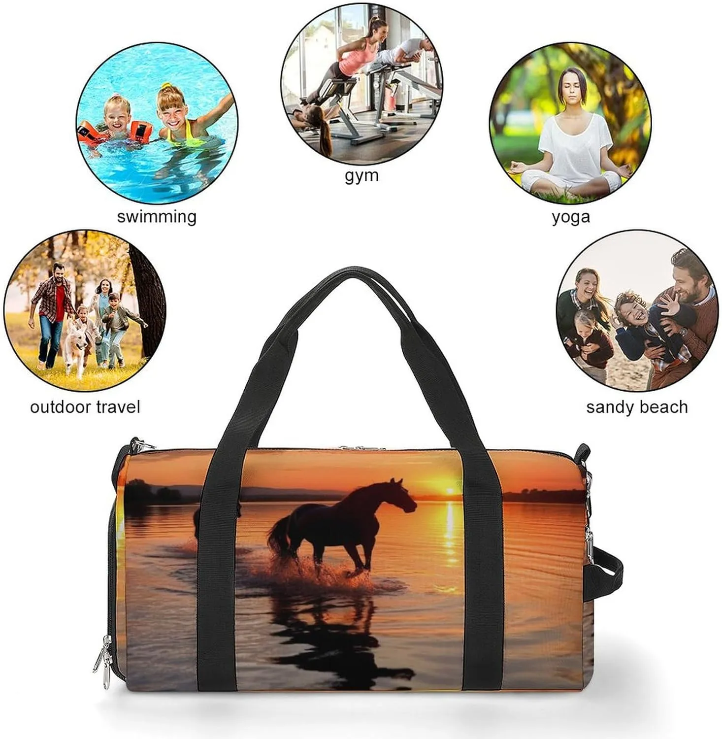 Gym Bag Sunsets Lake Horses Duffel Bag for Men Women Overnight Bag with Shoe Compartment Workout Bags