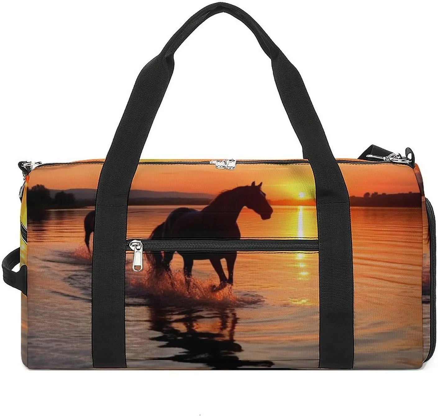 Gym Bag Sunsets Lake Horses Duffel Bag for Men Women Overnight Bag with Shoe Compartment Workout Bags