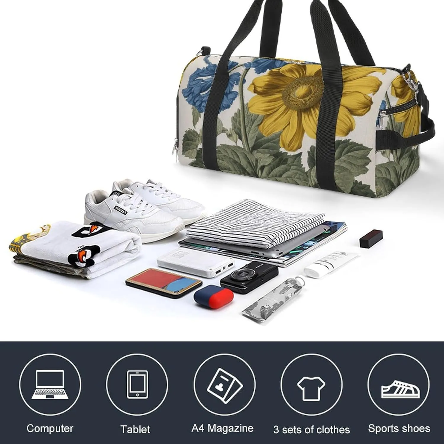 Gym Bags for Men Women A Yellow Flower Stem Duffle Bag Travel Overnight Bag with Shoe Compartment Tote Bags