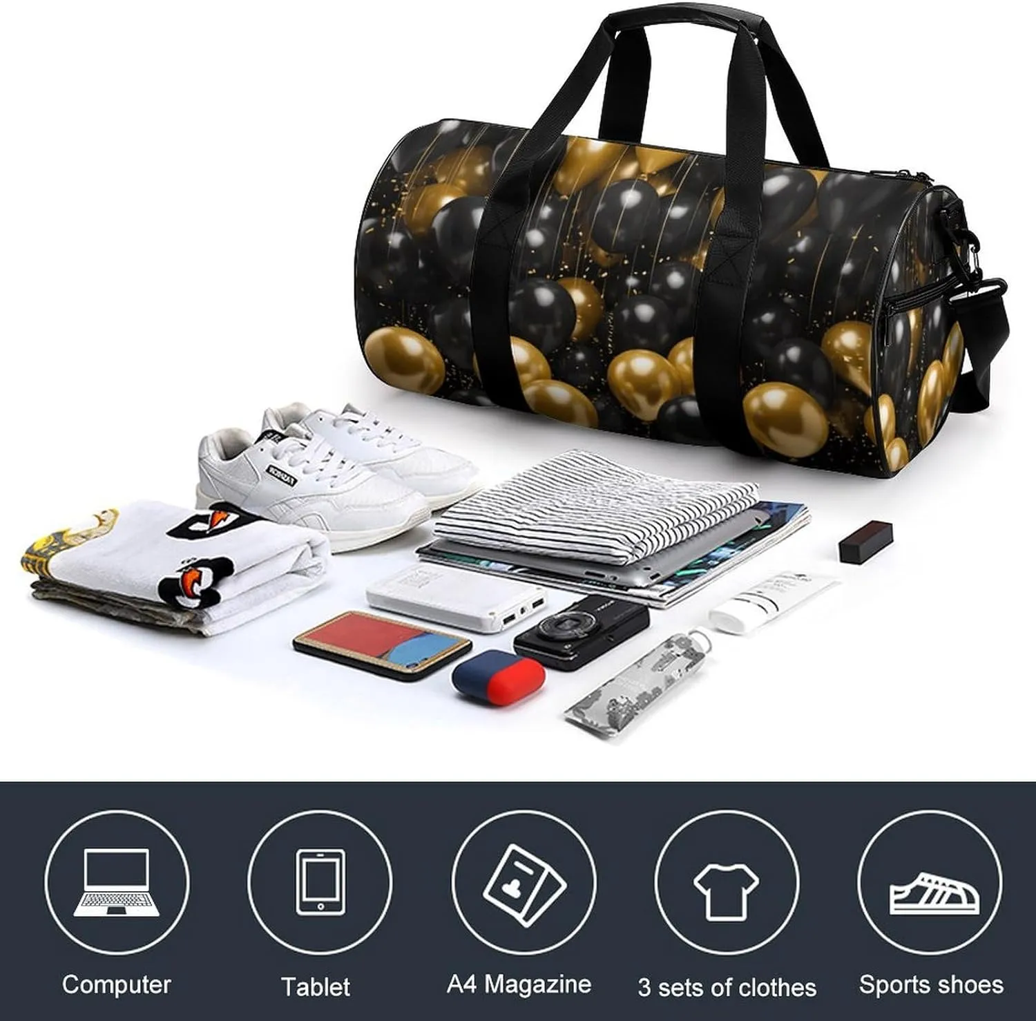 Gym Bags for Men Women Black And Gold Ballons Duffle Bag Travel Overnight Bag with Shoe Compartment Tote Bags