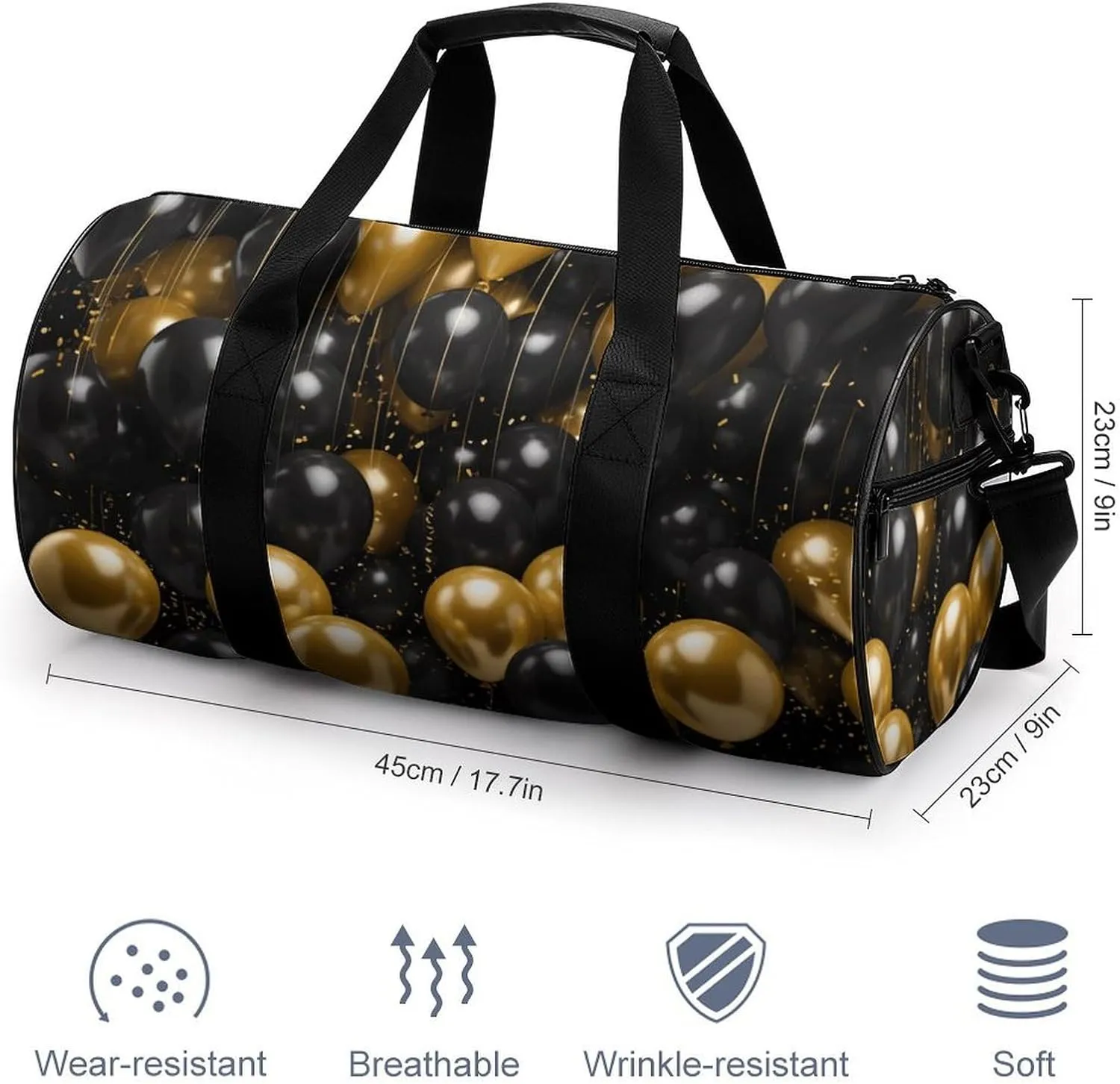 Gym Bags for Men Women Black And Gold Ballons Duffle Bag Travel Overnight Bag with Shoe Compartment Tote Bags