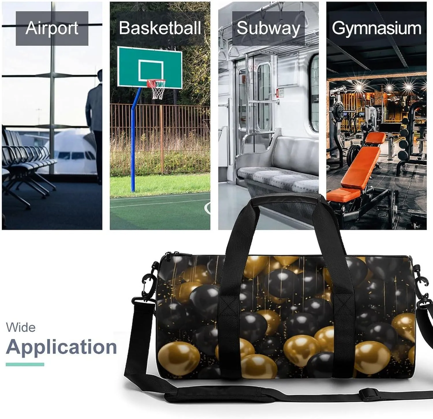 Gym Bags for Men Women Black And Gold Ballons Duffle Bag Travel Overnight Bag with Shoe Compartment Tote Bags