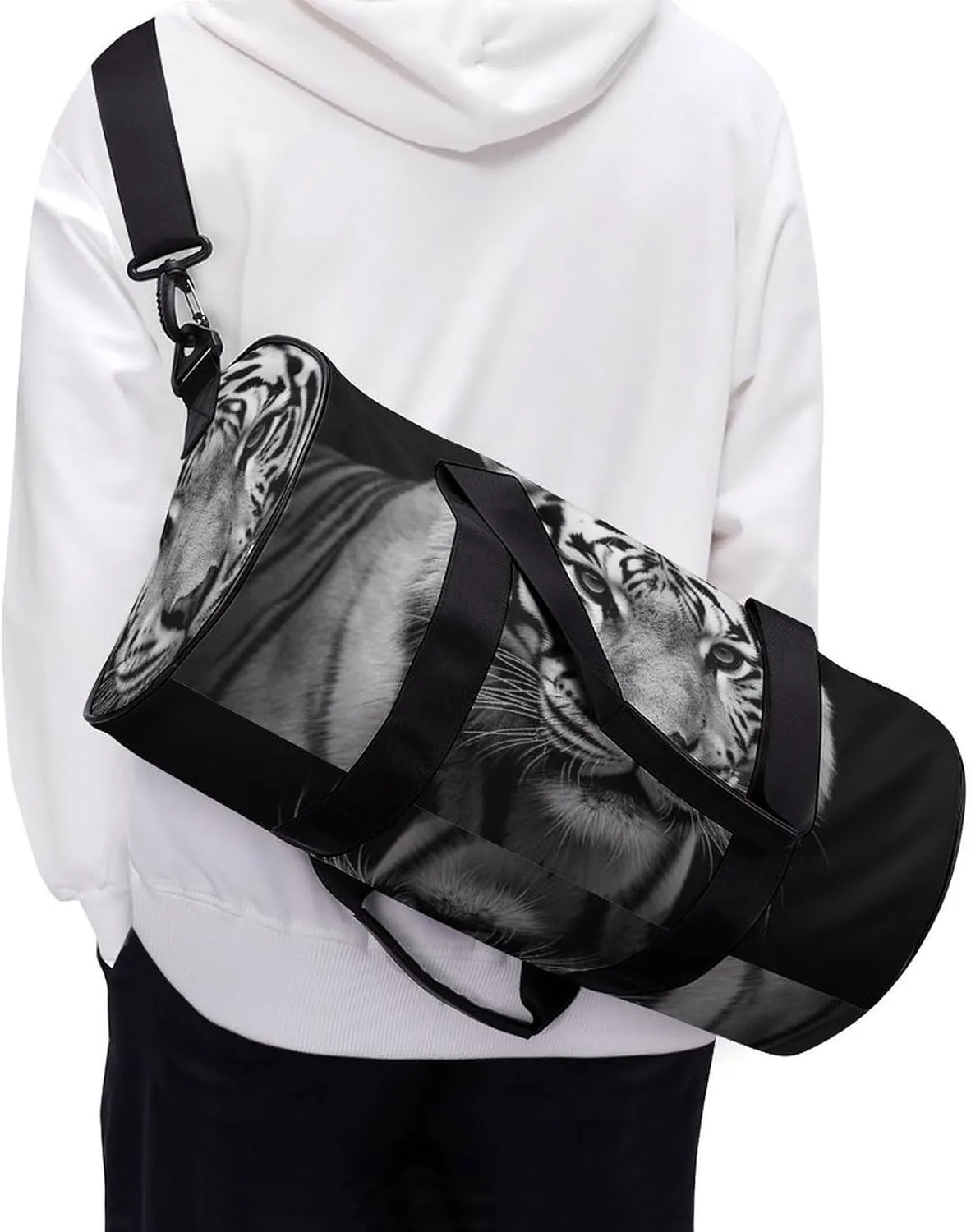 Gym Bags for Men Women Black And White Tiger Duffle Bag Travel Overnight Bag with Shoe Compartment Tote Bags