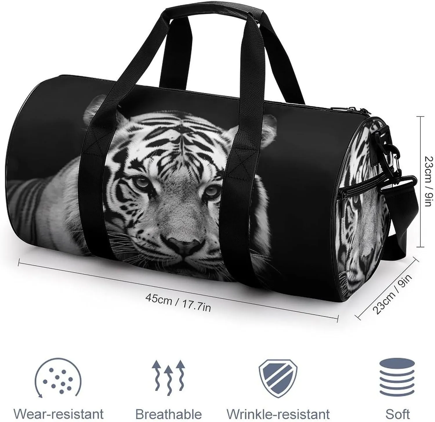 Gym Bags for Men Women Black And White Tiger Duffle Bag Travel Overnight Bag with Shoe Compartment Tote Bags