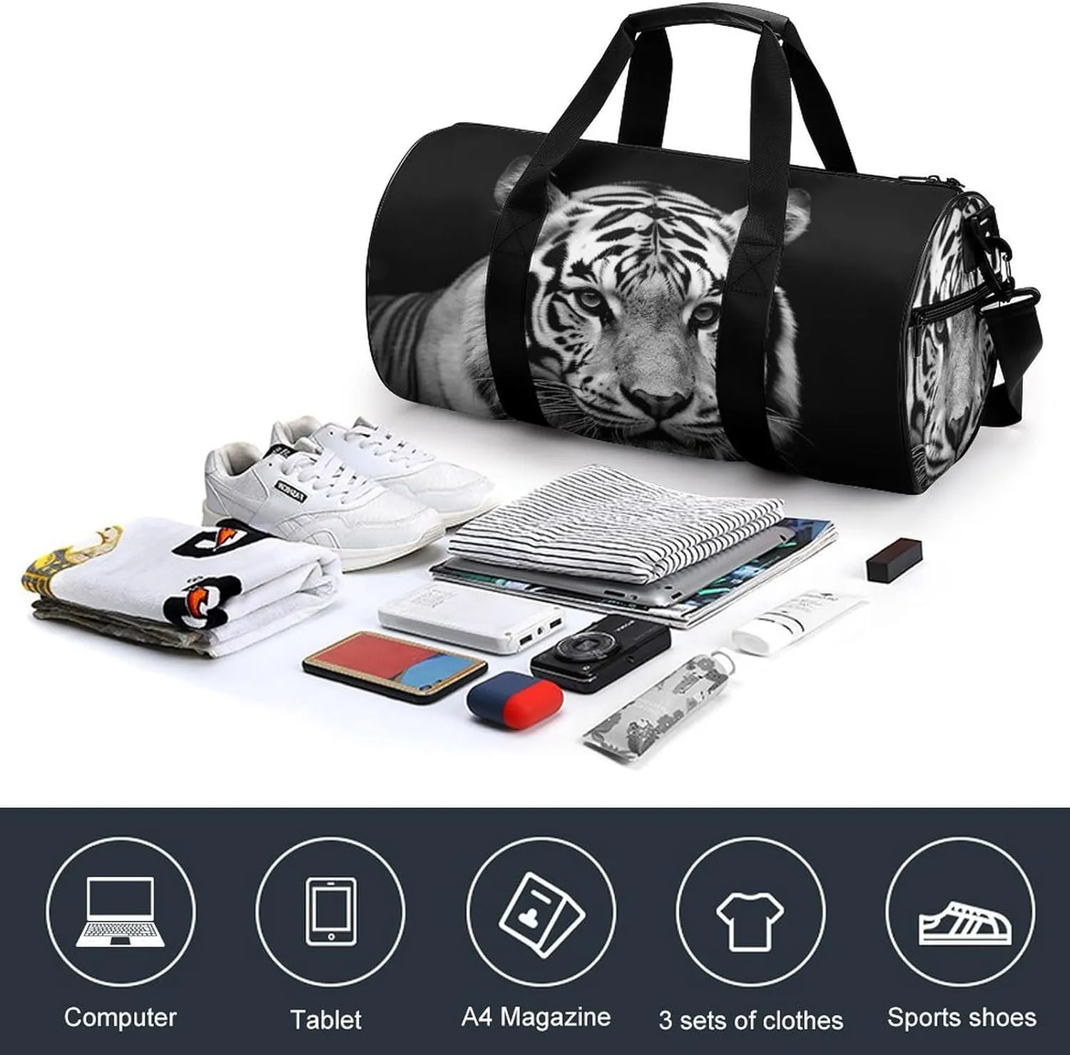 Gym Bags for Men Women Black And White Tiger Duffle Bag Travel Overnight Bag with Shoe Compartment Tote Bags