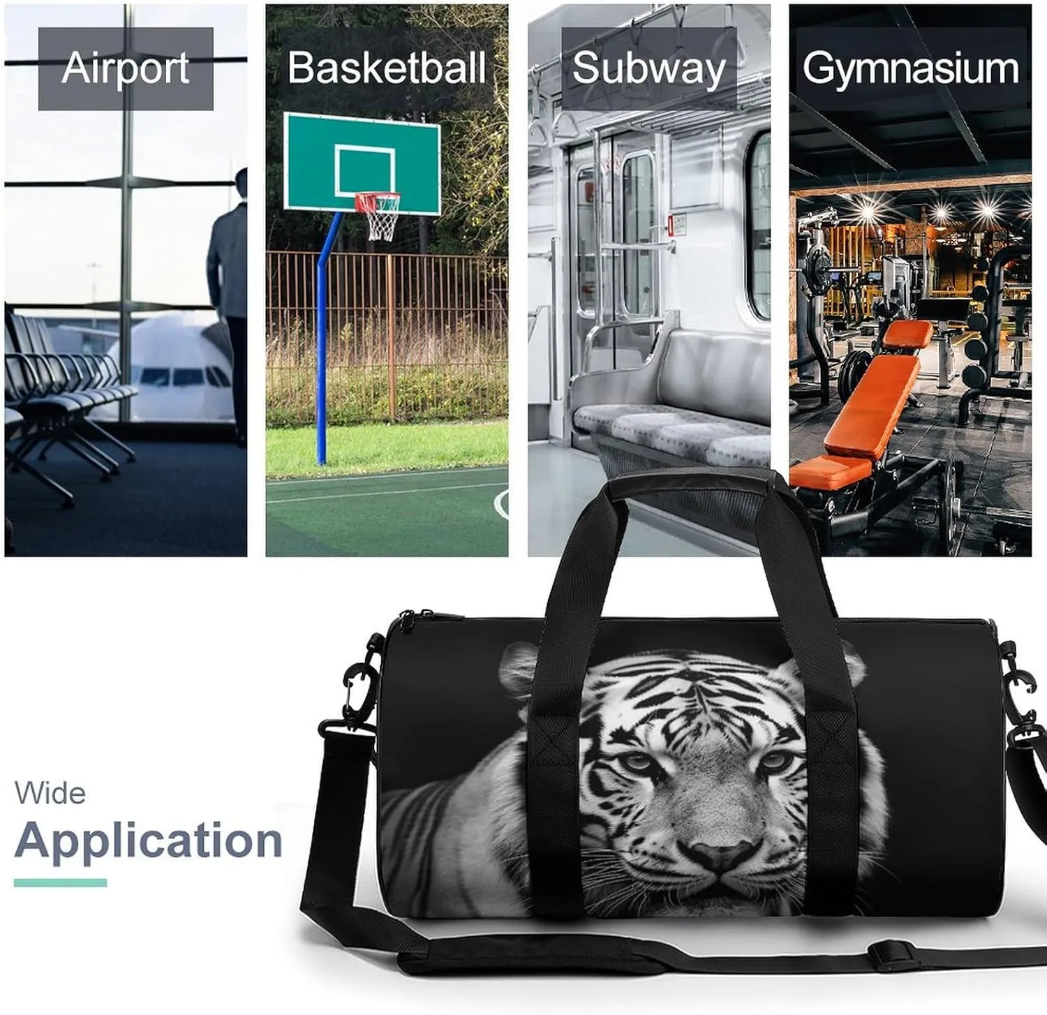 Gym Bags for Men Women Black And White Tiger Duffle Bag Travel Overnight Bag with Shoe Compartment Tote Bags
