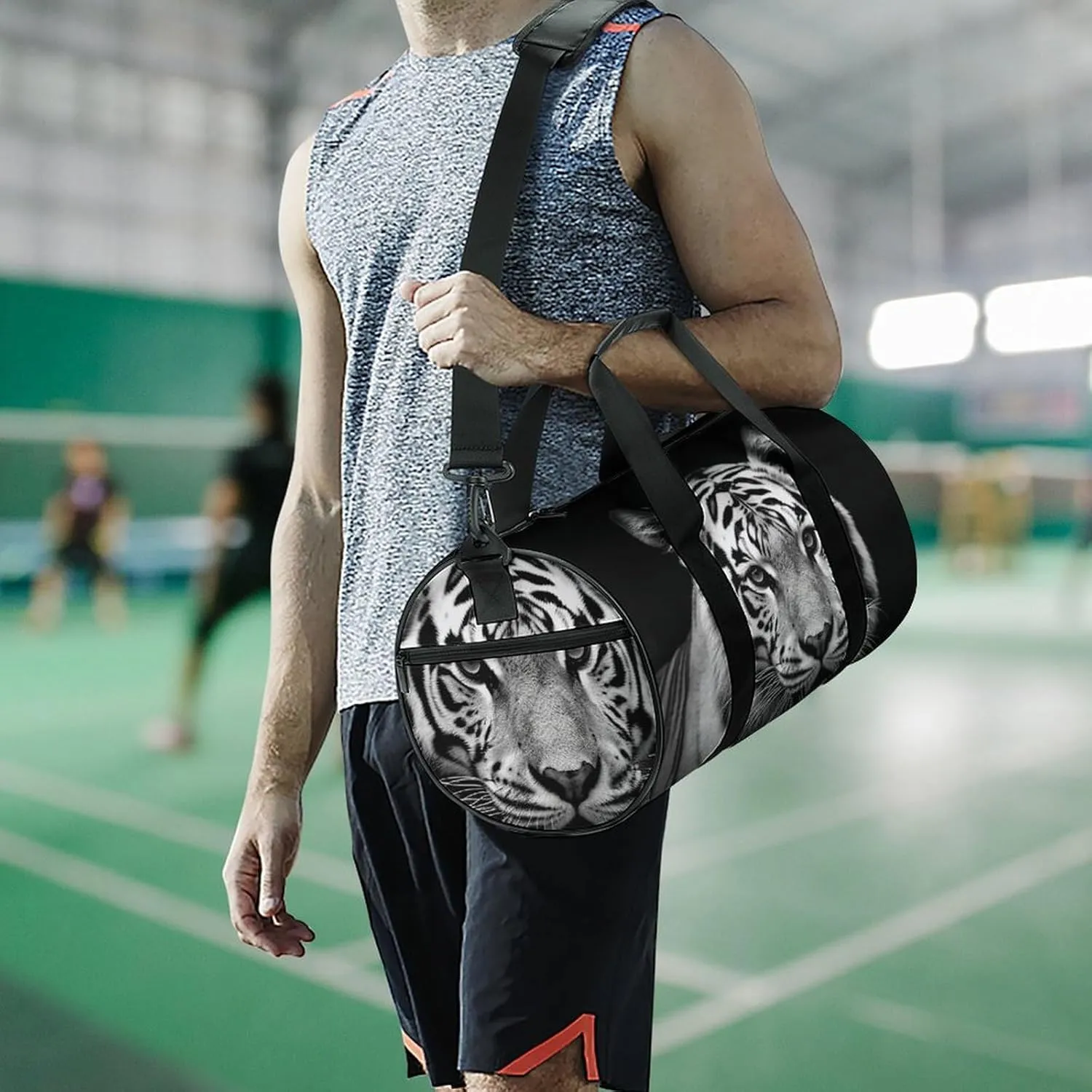 Gym Bags for Men Women Black And White Tiger Duffle Bag Travel Overnight Bag with Shoe Compartment Tote Bags