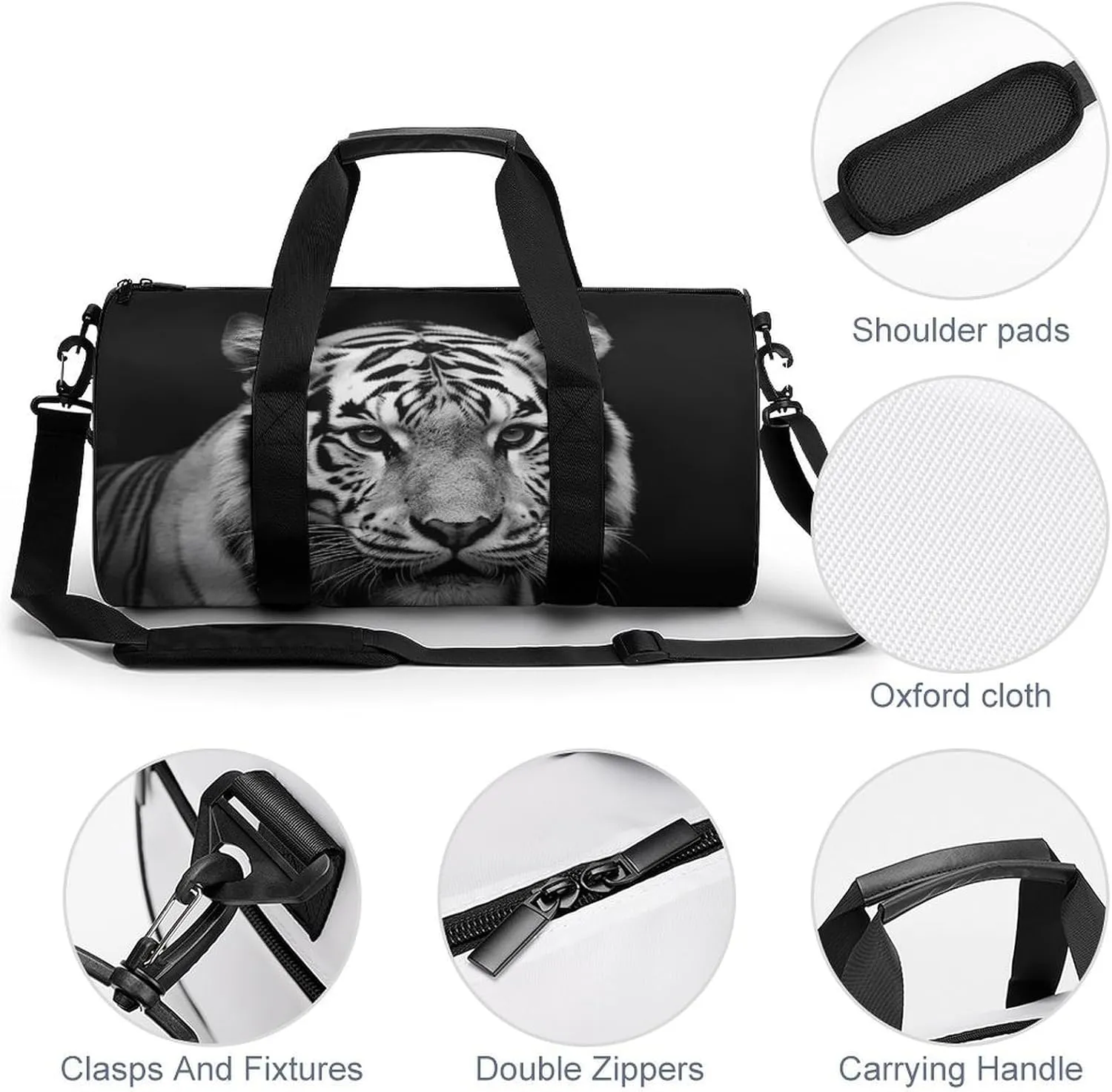 Gym Bags for Men Women Black And White Tiger Duffle Bag Travel Overnight Bag with Shoe Compartment Tote Bags