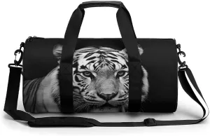 Gym Bags for Men Women Black And White Tiger Duffle Bag Travel Overnight Bag with Shoe Compartment Tote Bags