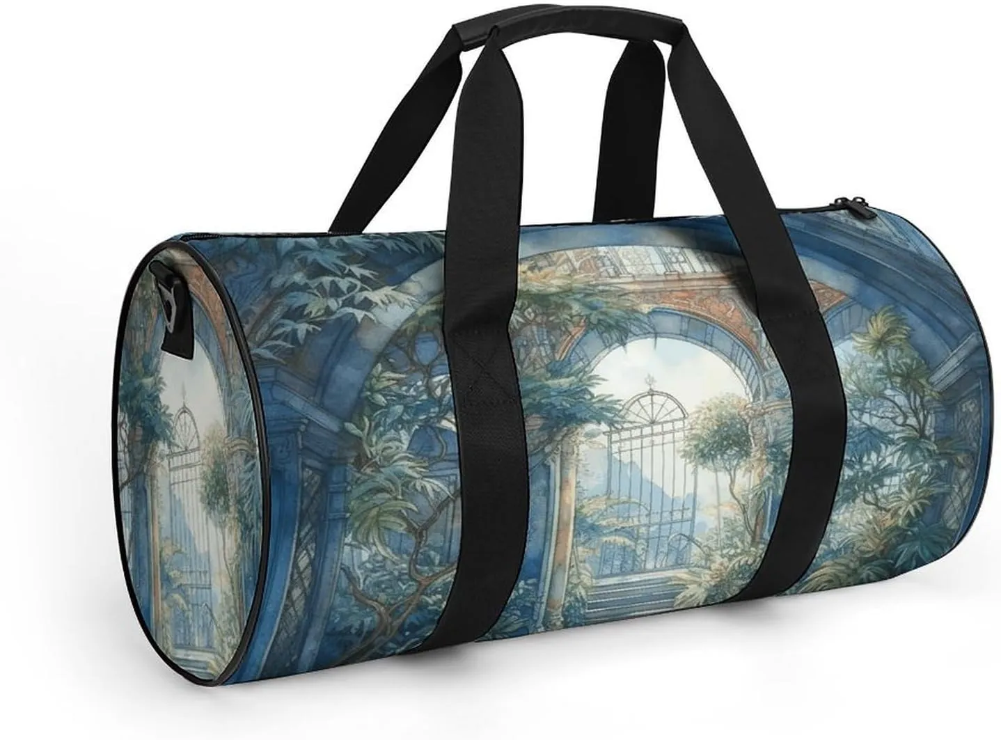 Gym Bags for Men Women Blue Arch with Plants Duffle Bag Travel Overnight Bag with Shoe Compartment Tote Bags