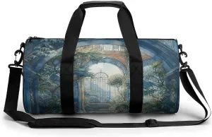 Gym Bags for Men Women Blue Arch with Plants Duffle Bag Travel Overnight Bag with Shoe Compartment Tote Bags