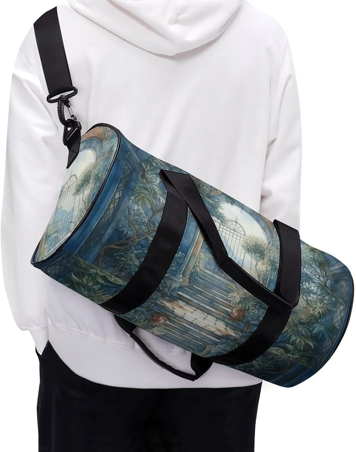 Gym Bags for Men Women Blue Arch with Plants Duffle Bag Travel Overnight Bag with Shoe Compartment Tote Bags
