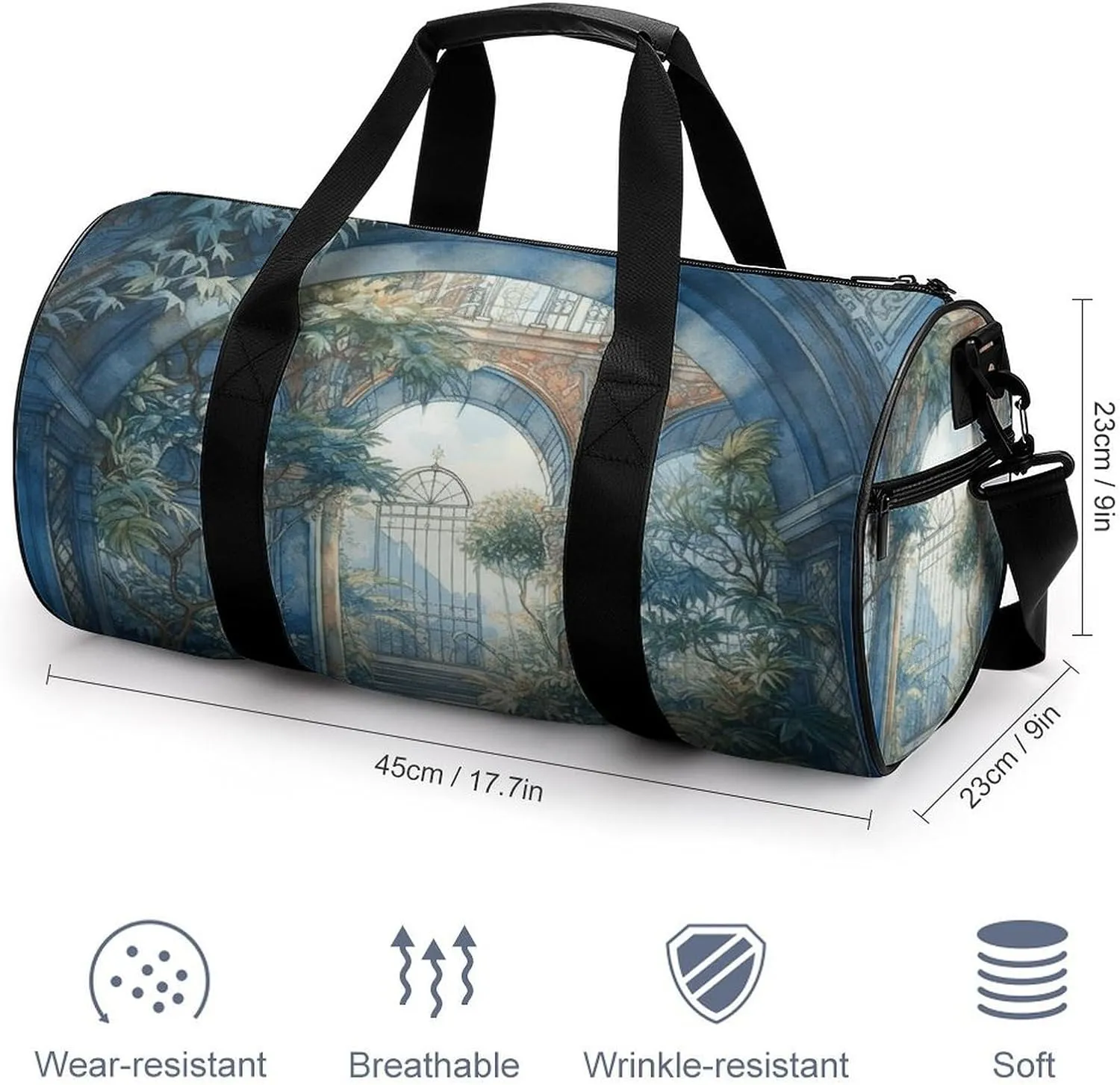 Gym Bags for Men Women Blue Arch with Plants Duffle Bag Travel Overnight Bag with Shoe Compartment Tote Bags