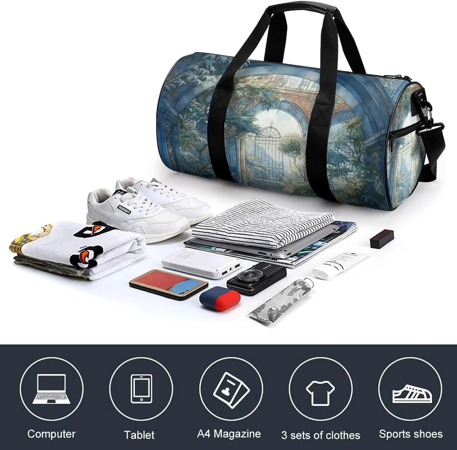 Gym Bags for Men Women Blue Arch with Plants Duffle Bag Travel Overnight Bag with Shoe Compartment Tote Bags