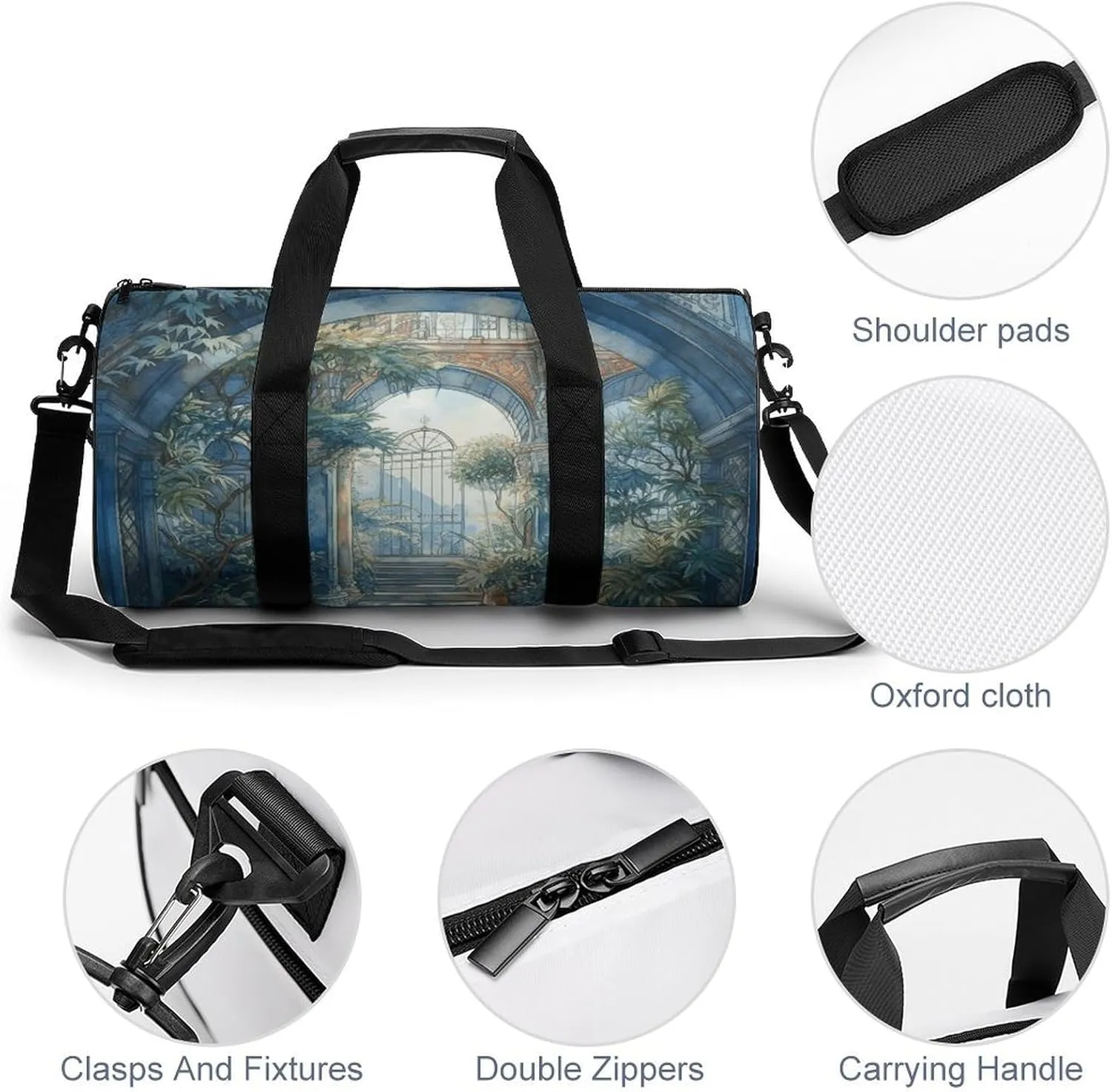 Gym Bags for Men Women Blue Arch with Plants Duffle Bag Travel Overnight Bag with Shoe Compartment Tote Bags