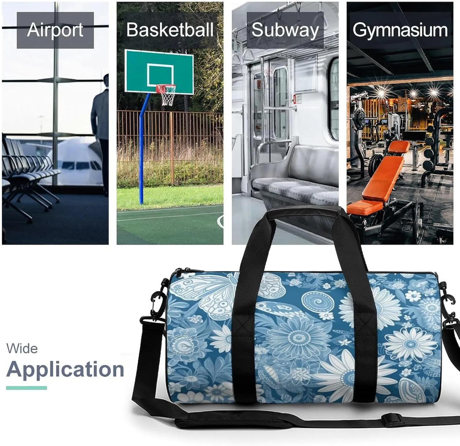 Gym Bags for Men Women Blue Flower Pattern Duffle Bag Travel Overnight Bag with Shoe Compartment Tote Bags