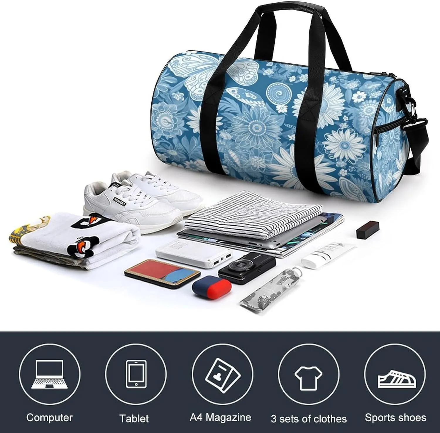 Gym Bags for Men Women Blue Flower Pattern Duffle Bag Travel Overnight Bag with Shoe Compartment Tote Bags