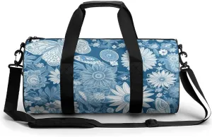 Gym Bags for Men Women Blue Flower Pattern Duffle Bag Travel Overnight Bag with Shoe Compartment Tote Bags
