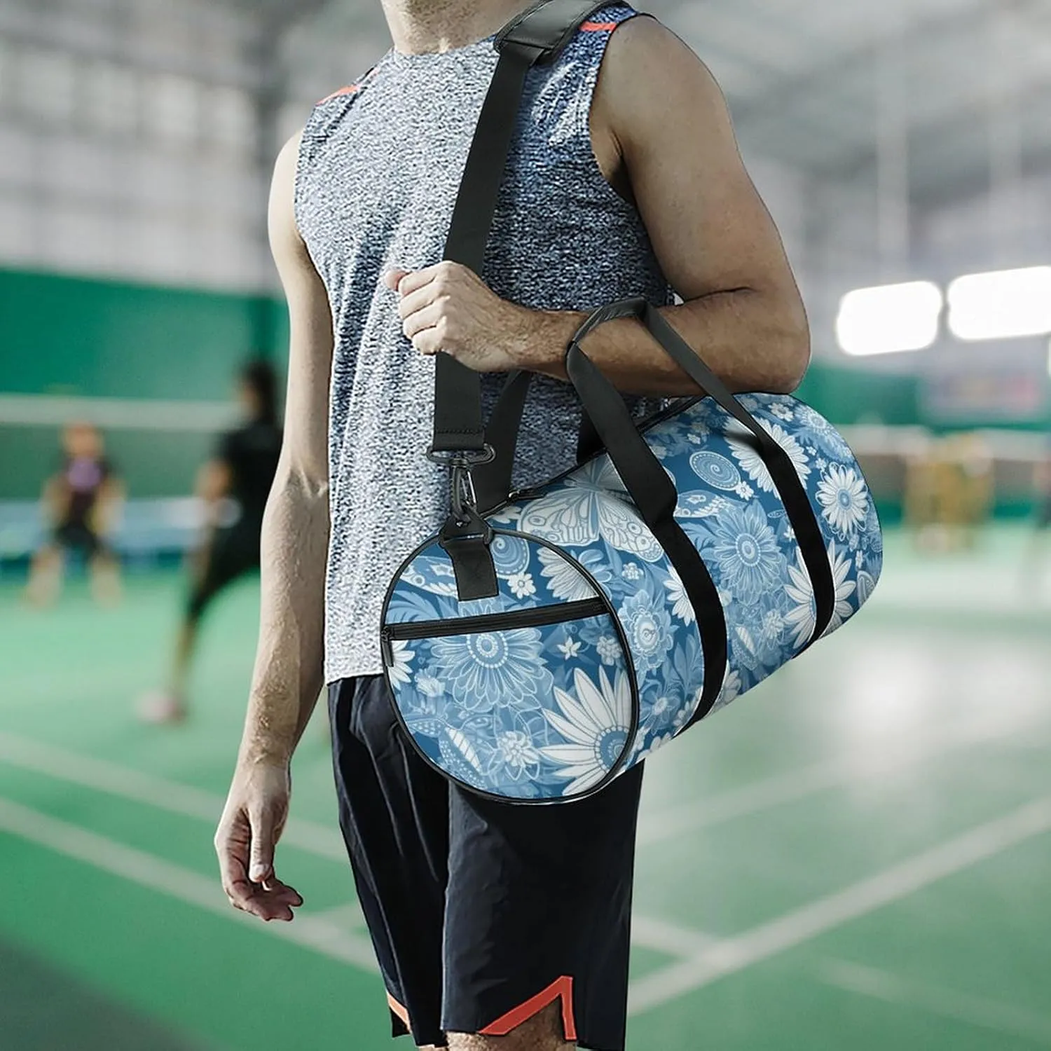 Gym Bags for Men Women Blue Flower Pattern Duffle Bag Travel Overnight Bag with Shoe Compartment Tote Bags