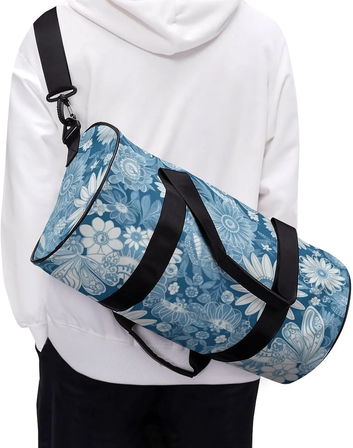 Gym Bags for Men Women Blue Flower Pattern Duffle Bag Travel Overnight Bag with Shoe Compartment Tote Bags
