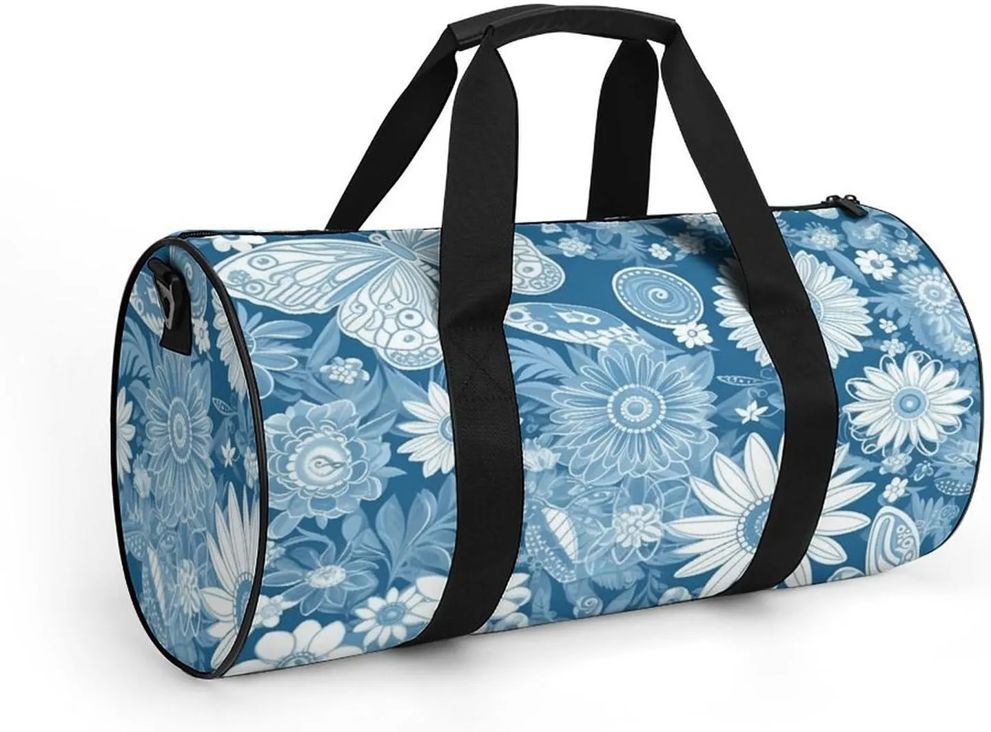 Gym Bags for Men Women Blue Flower Pattern Duffle Bag Travel Overnight Bag with Shoe Compartment Tote Bags