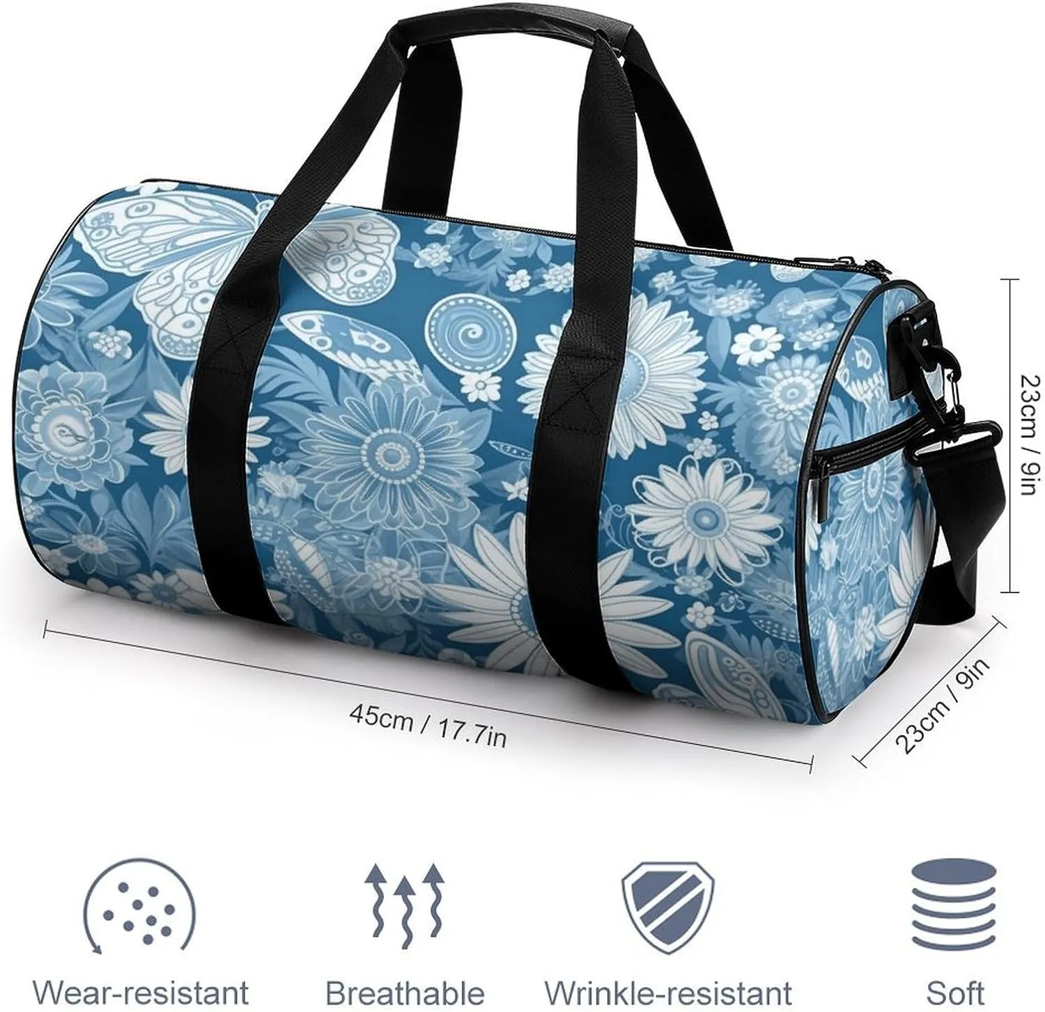 Gym Bags for Men Women Blue Flower Pattern Duffle Bag Travel Overnight Bag with Shoe Compartment Tote Bags