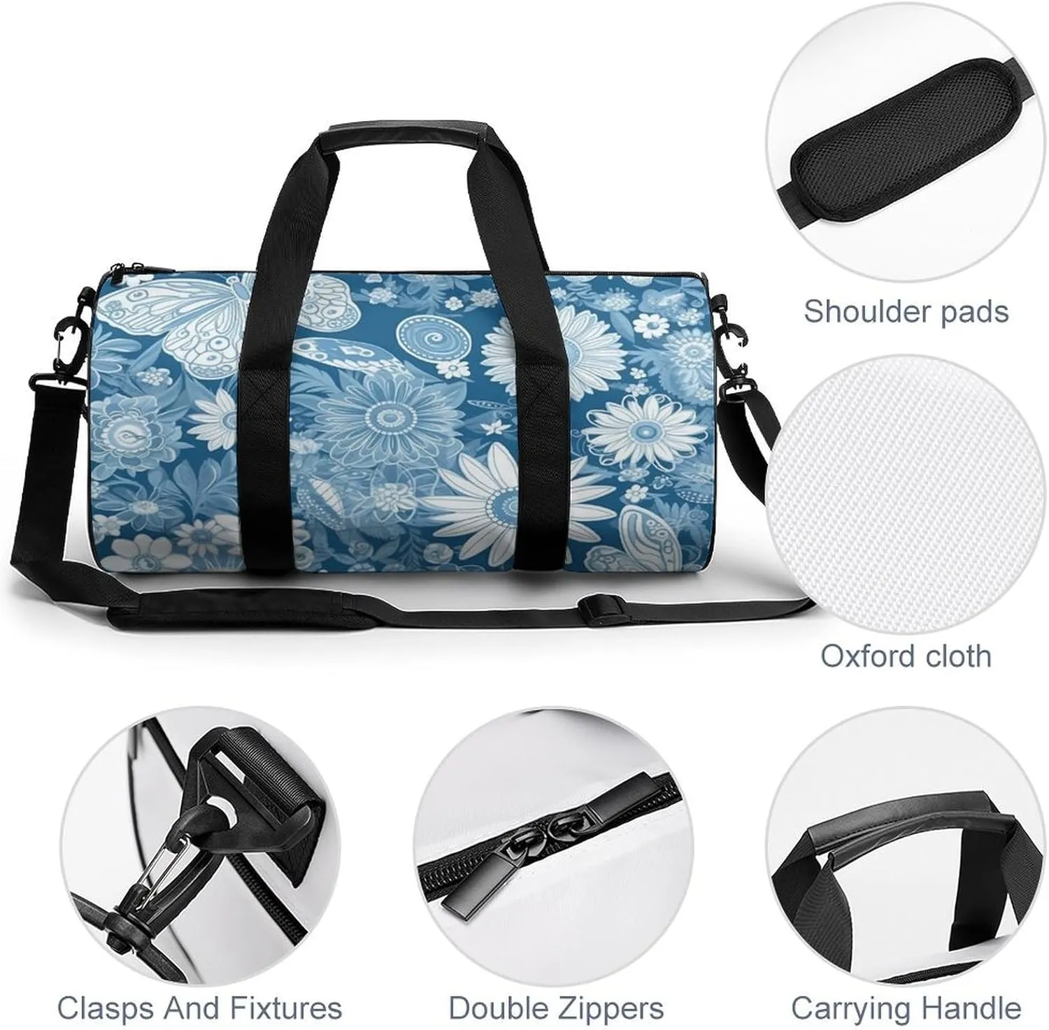 Gym Bags for Men Women Blue Flower Pattern Duffle Bag Travel Overnight Bag with Shoe Compartment Tote Bags