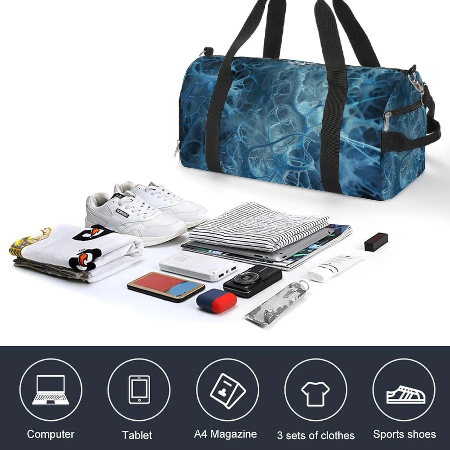 Gym Bags for Men Women Blue Neuron Picture Duffle Bag Travel Overnight Bag with Shoe Compartment Tote Bags