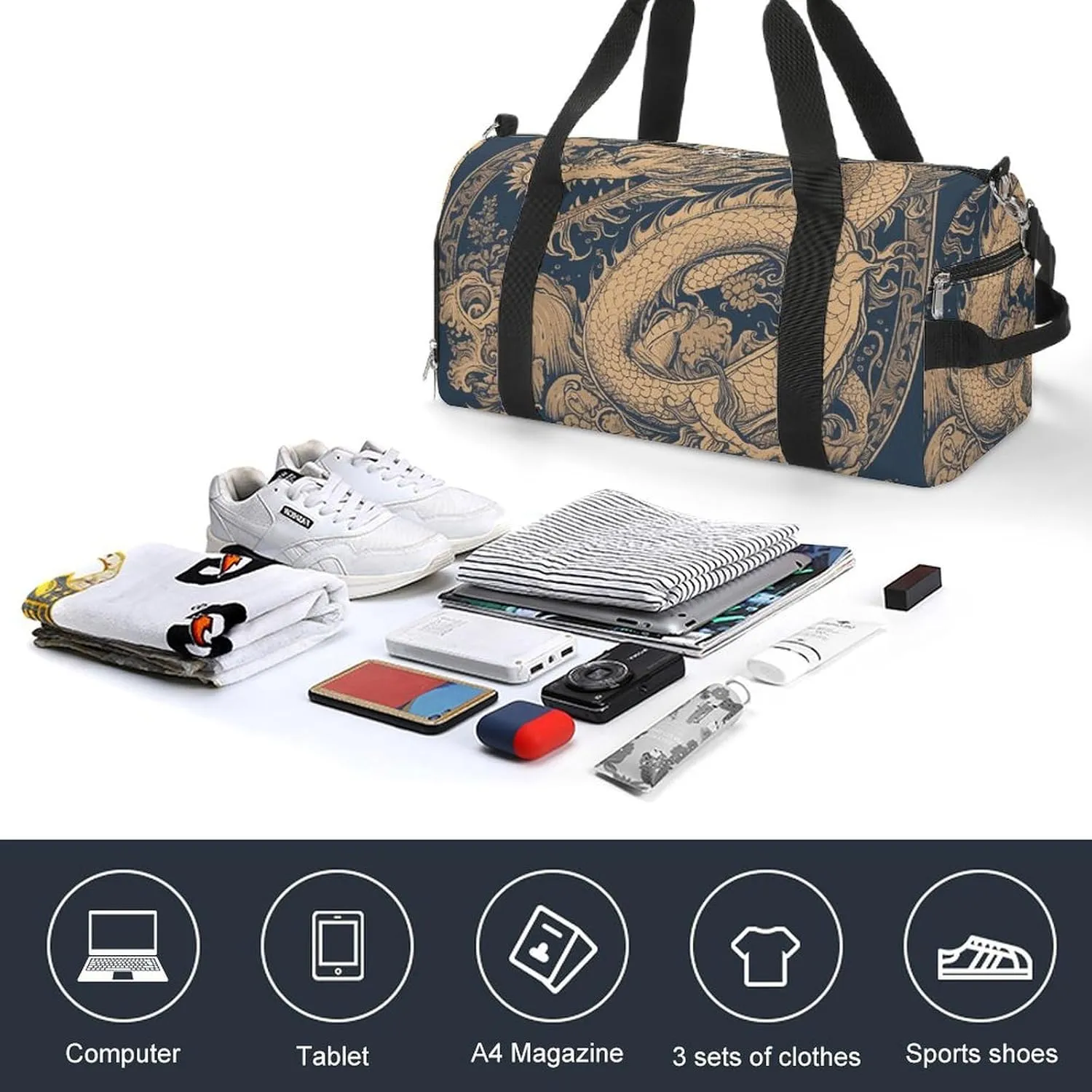 Gym Bags for Men Women Blue Oriental Dragon Duffle Bag Travel Overnight Bag with Shoe Compartment Tote Bags