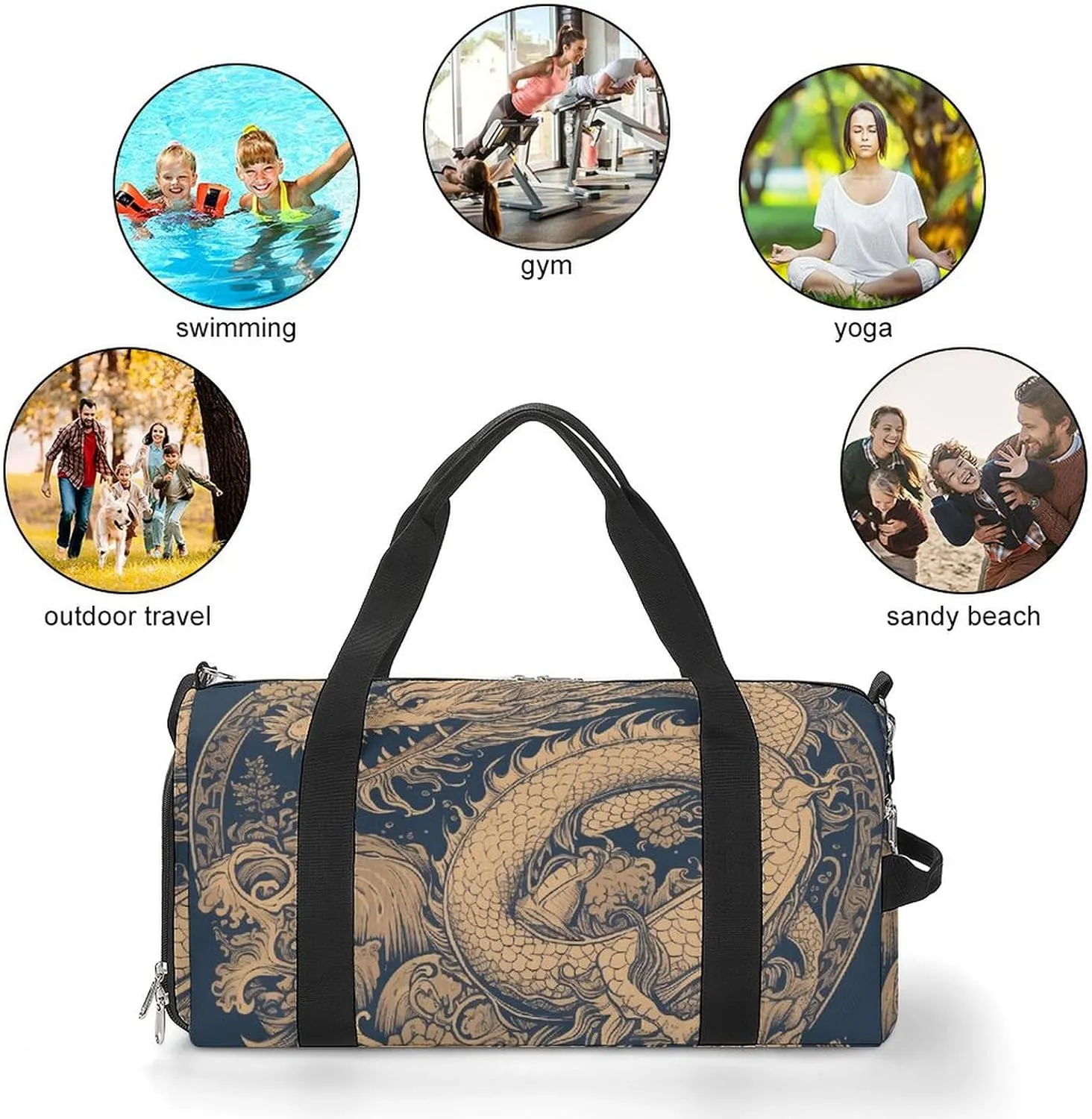 Gym Bags for Men Women Blue Oriental Dragon Duffle Bag Travel Overnight Bag with Shoe Compartment Tote Bags