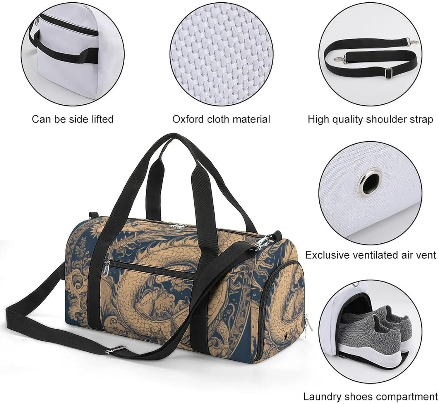 Gym Bags for Men Women Blue Oriental Dragon Duffle Bag Travel Overnight Bag with Shoe Compartment Tote Bags