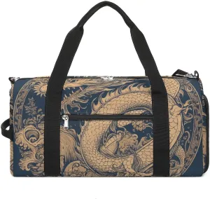 Gym Bags for Men Women Blue Oriental Dragon Duffle Bag Travel Overnight Bag with Shoe Compartment Tote Bags
