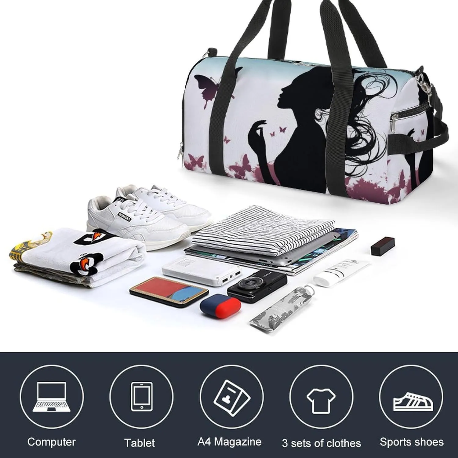 Gym Bags for Men Women Butterfly Woman Duffle Bag Travel Overnight Bag with Shoe Compartment Tote Bags
