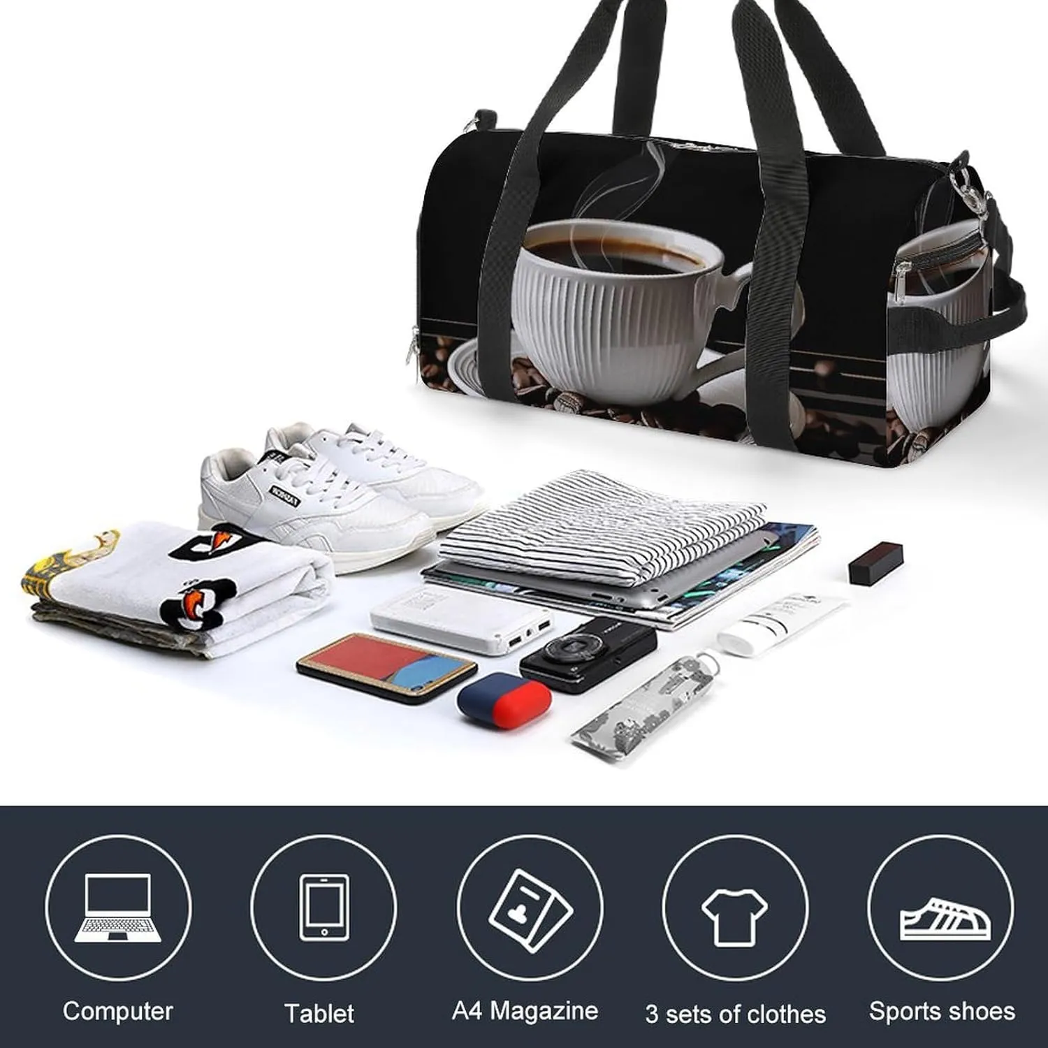 Gym Bags for Men Women Coffee Cup And Coffee Beans Duffle Bag Travel Overnight Bag with Shoe Compartment Tote Bags