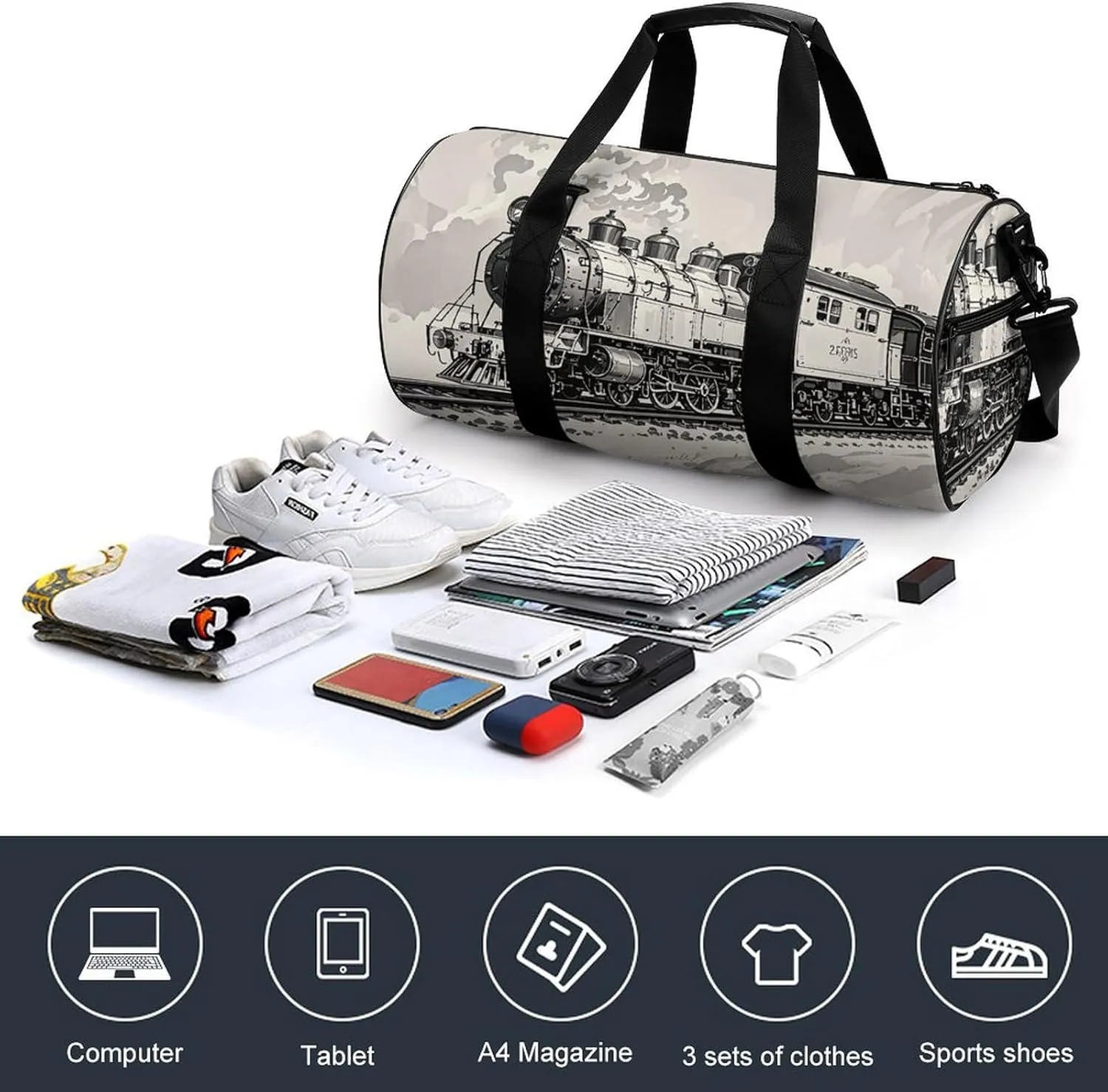 Gym Bags for Men Women Country Railway Train Duffle Bag Travel Overnight Bag with Shoe Compartment Tote Bags