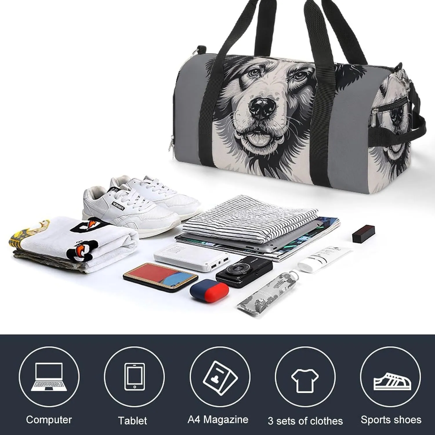 Gym Bags for Men Women Cute Collie Sheepdog Duffle Bag Travel Overnight Bag with Shoe Compartment Tote Bags