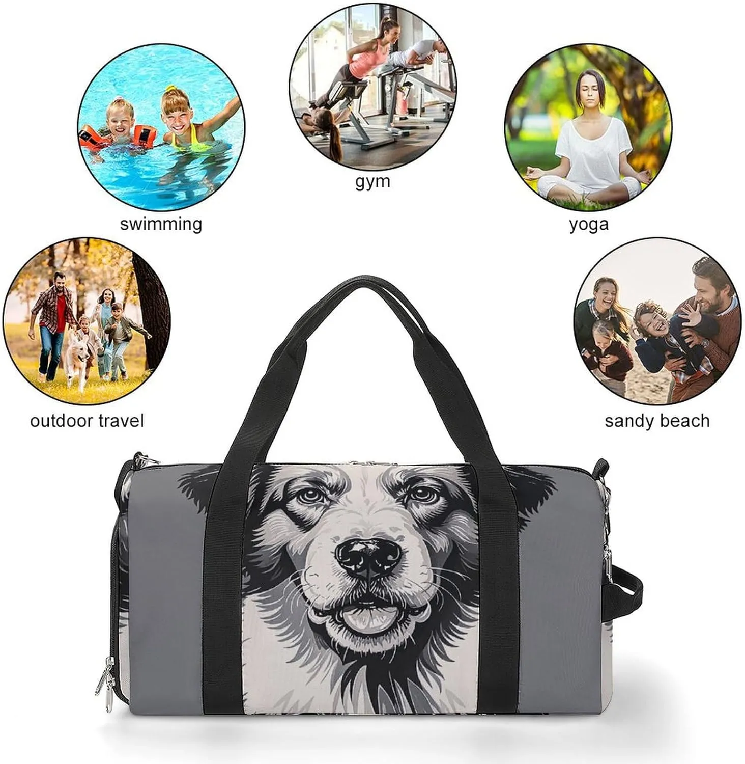 Gym Bags for Men Women Cute Collie Sheepdog Duffle Bag Travel Overnight Bag with Shoe Compartment Tote Bags