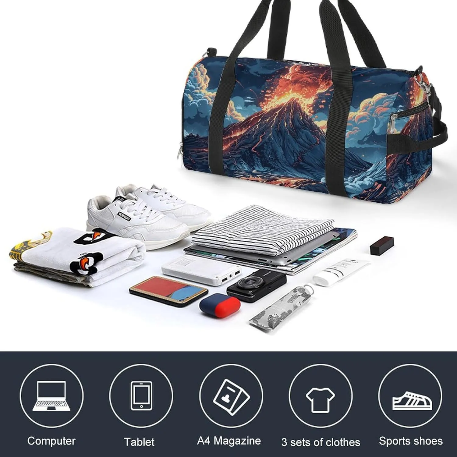 Gym Bags for Men Women Depicts A Volcano Duffle Bag Travel Overnight Bag with Shoe Compartment Tote Bags