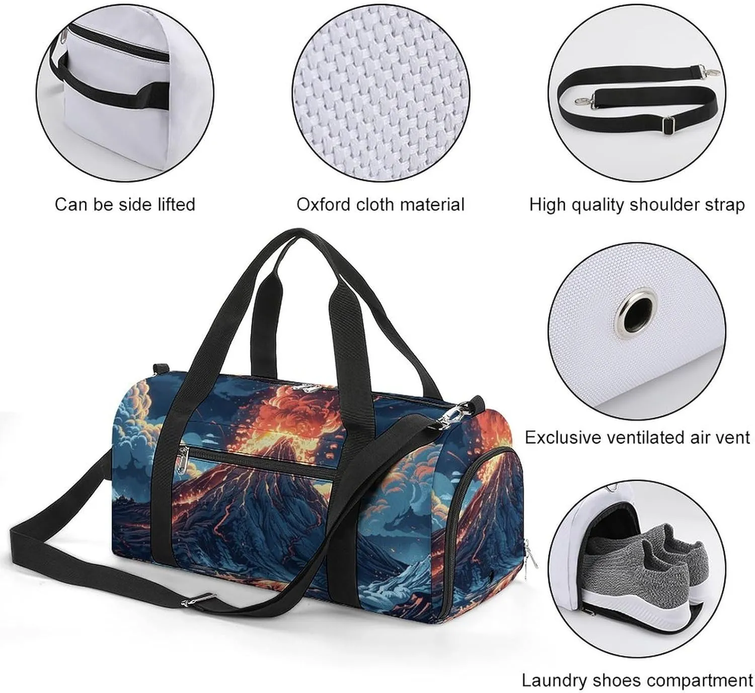 Gym Bags for Men Women Depicts A Volcano Duffle Bag Travel Overnight Bag with Shoe Compartment Tote Bags