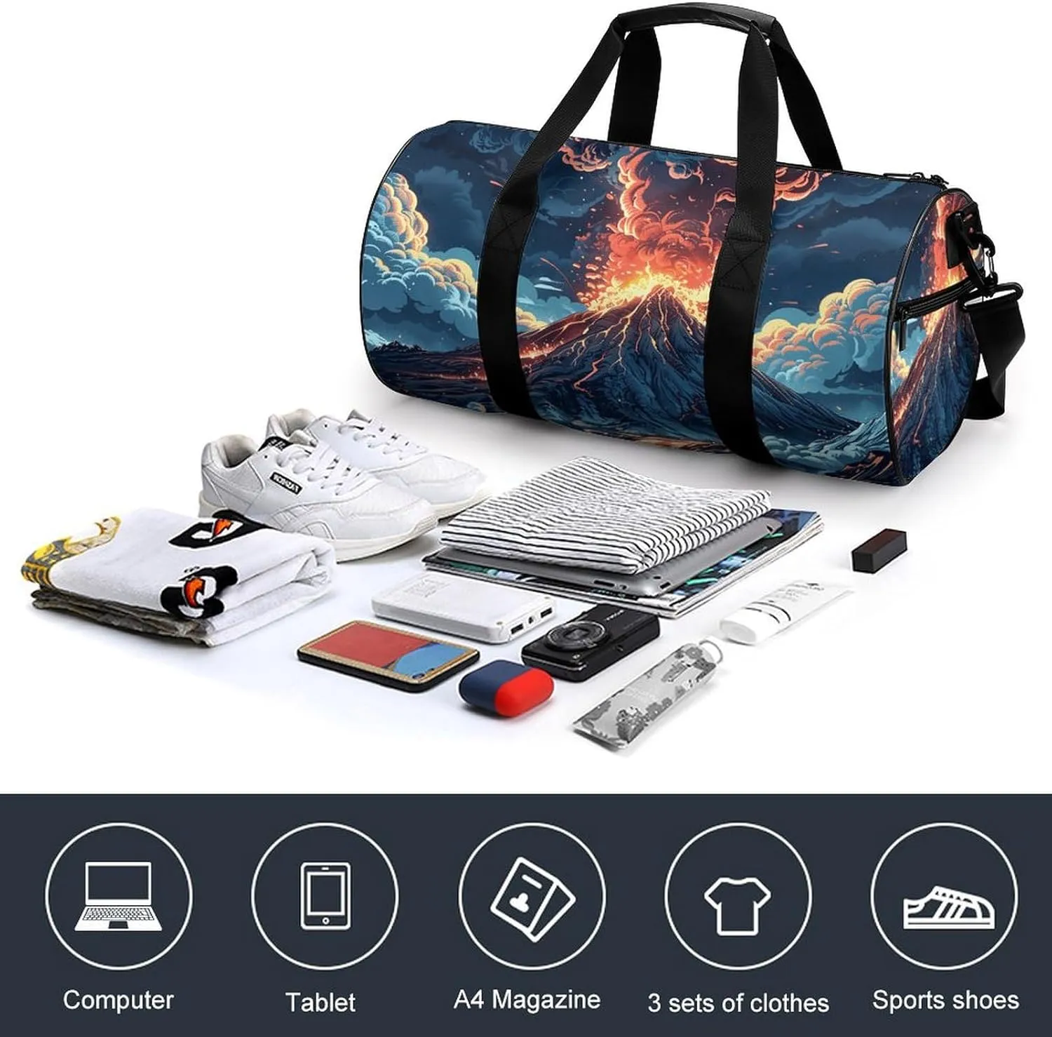 Gym Bags for Men Women Depicts A Volcano Duffle Bag Travel Overnight Bag with Shoe Compartment Tote Bags