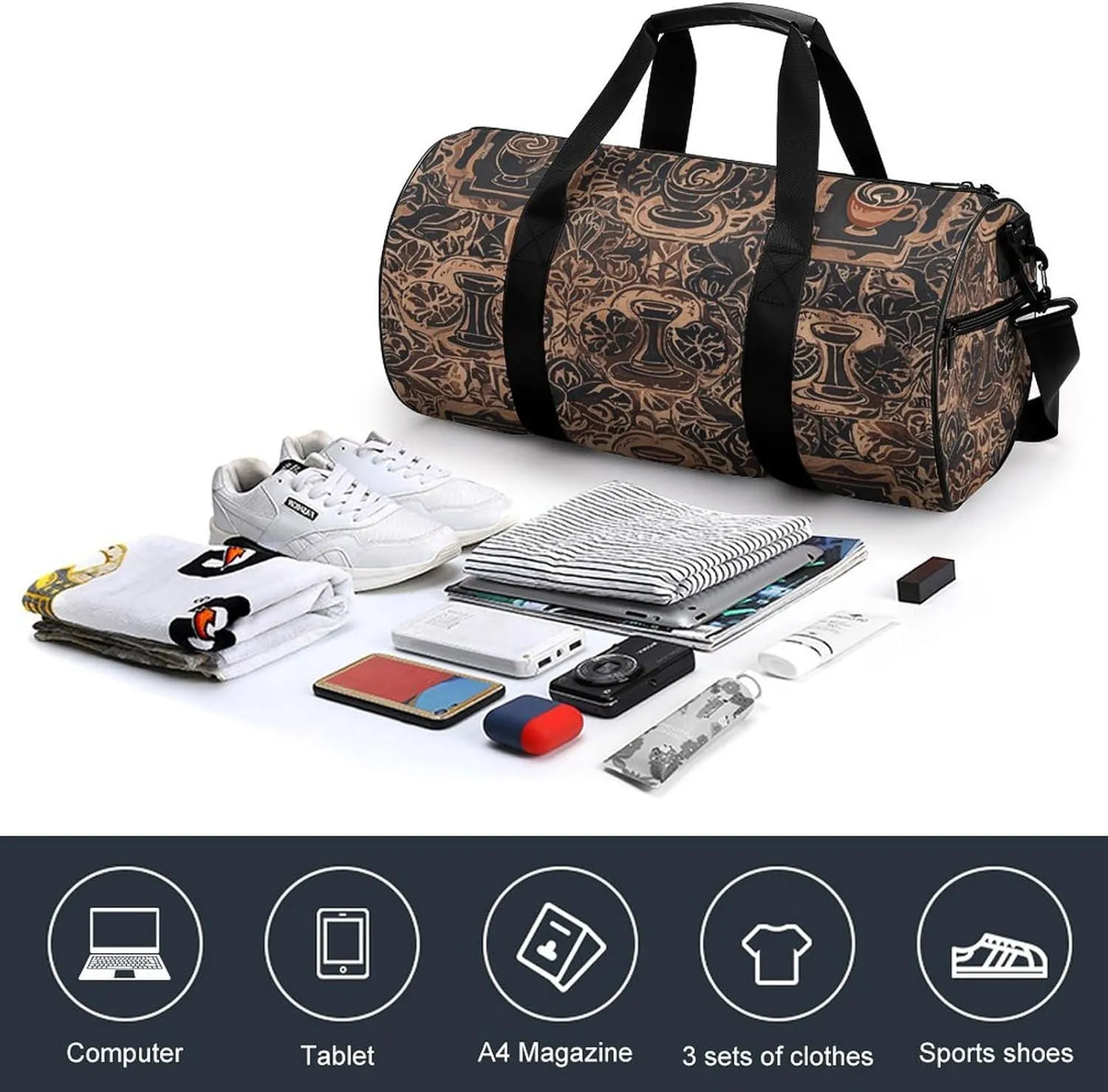 Gym Bags for Men Women Global Coffee Pattern Duffle Bag Travel Overnight Bag with Shoe Compartment Tote Bags
