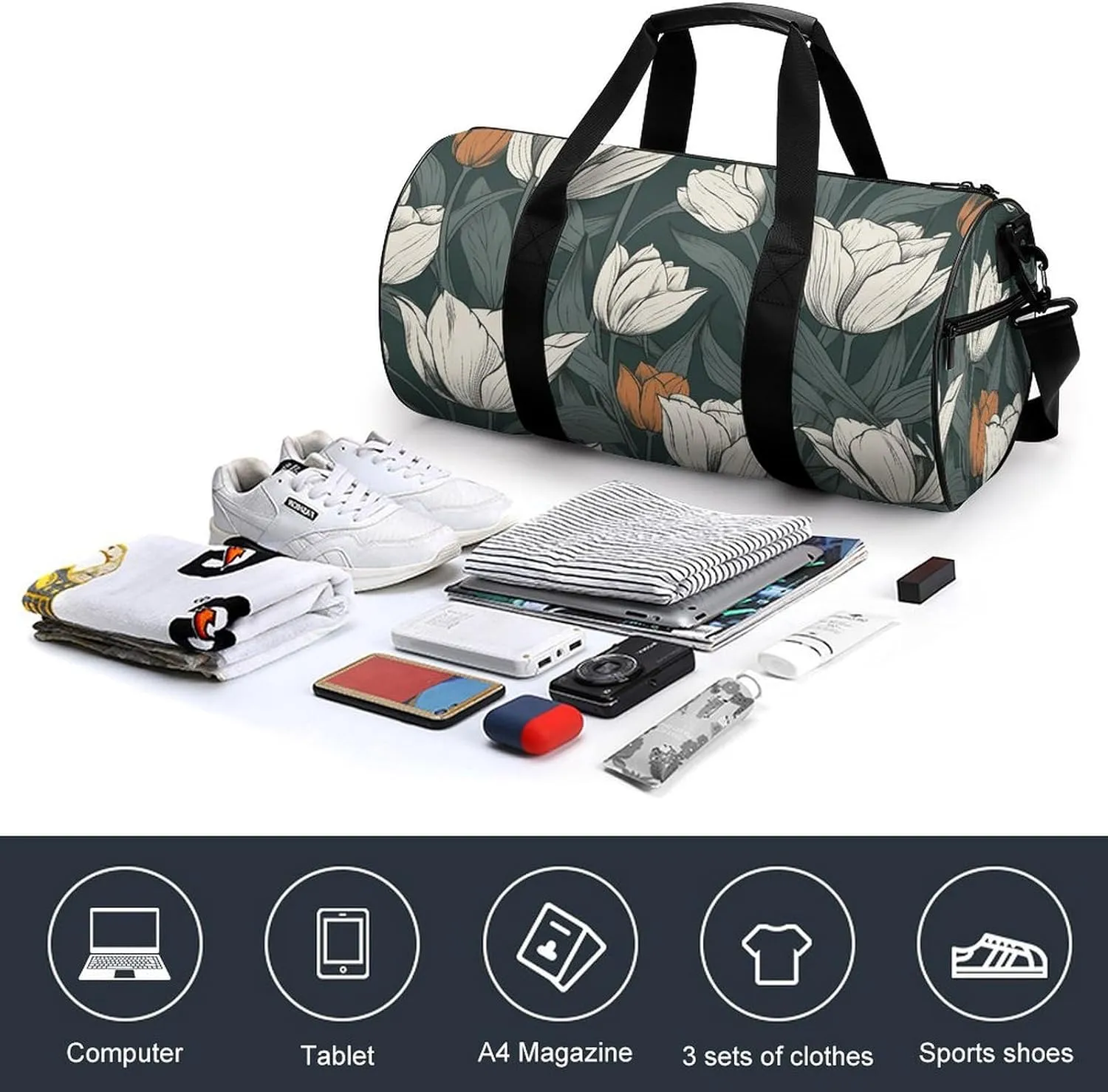Gym Bags for Men Women Hand Drawn Flower Pattern Duffle Bag Travel Overnight Bag with Shoe Compartment Tote Bags