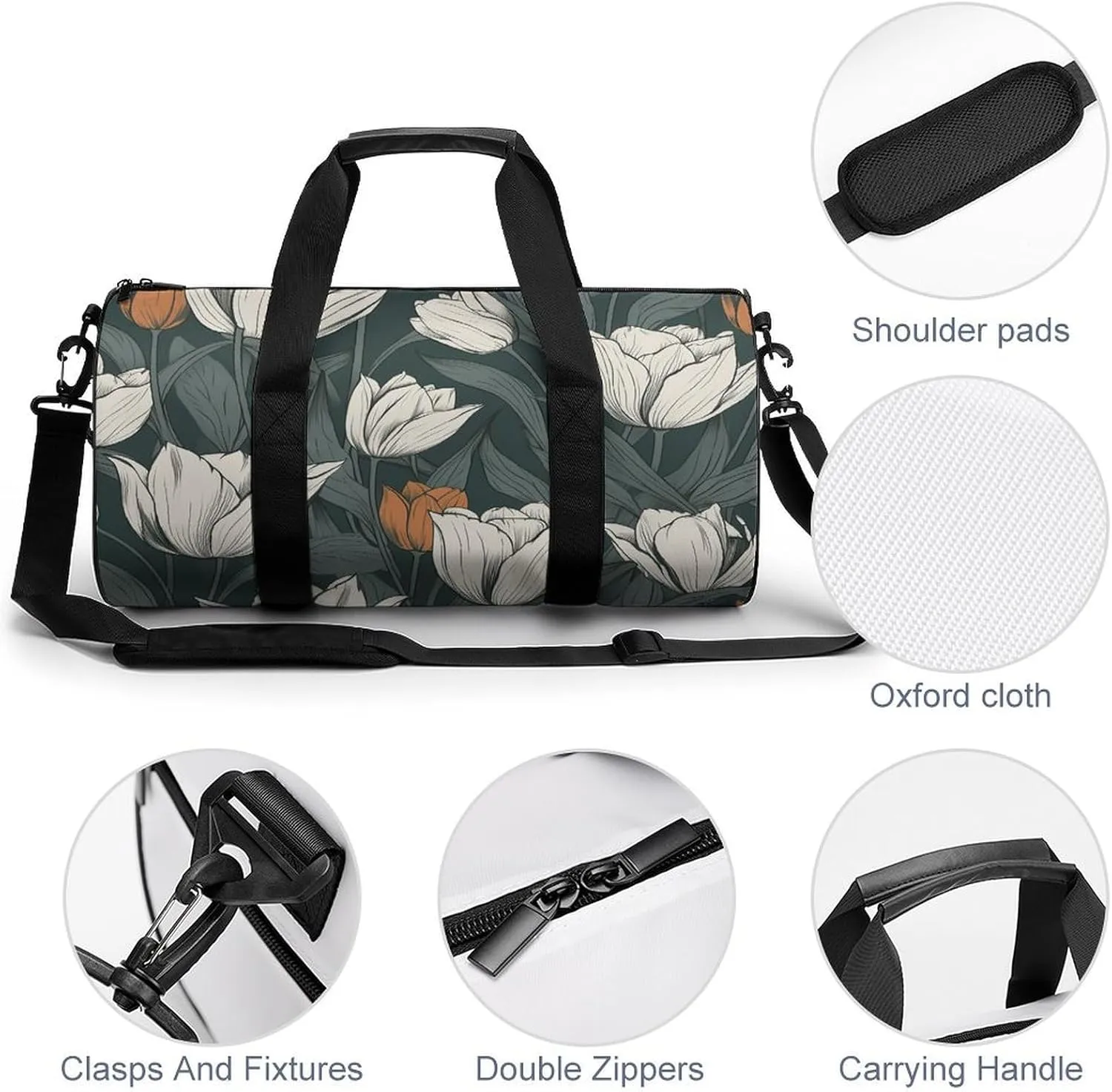 Gym Bags for Men Women Hand Drawn Flower Pattern Duffle Bag Travel Overnight Bag with Shoe Compartment Tote Bags