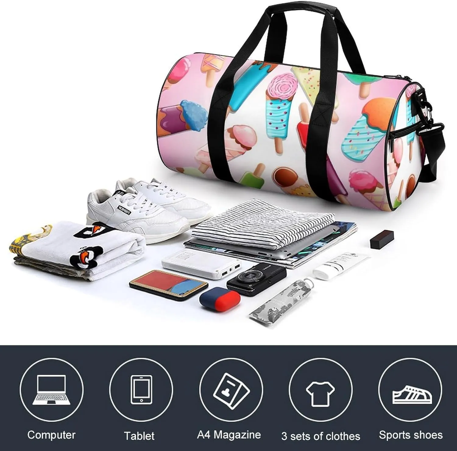 Gym Bags for Men Women Many Colored Ice Cream Duffle Bag Travel Overnight Bag with Shoe Compartment Tote Bags