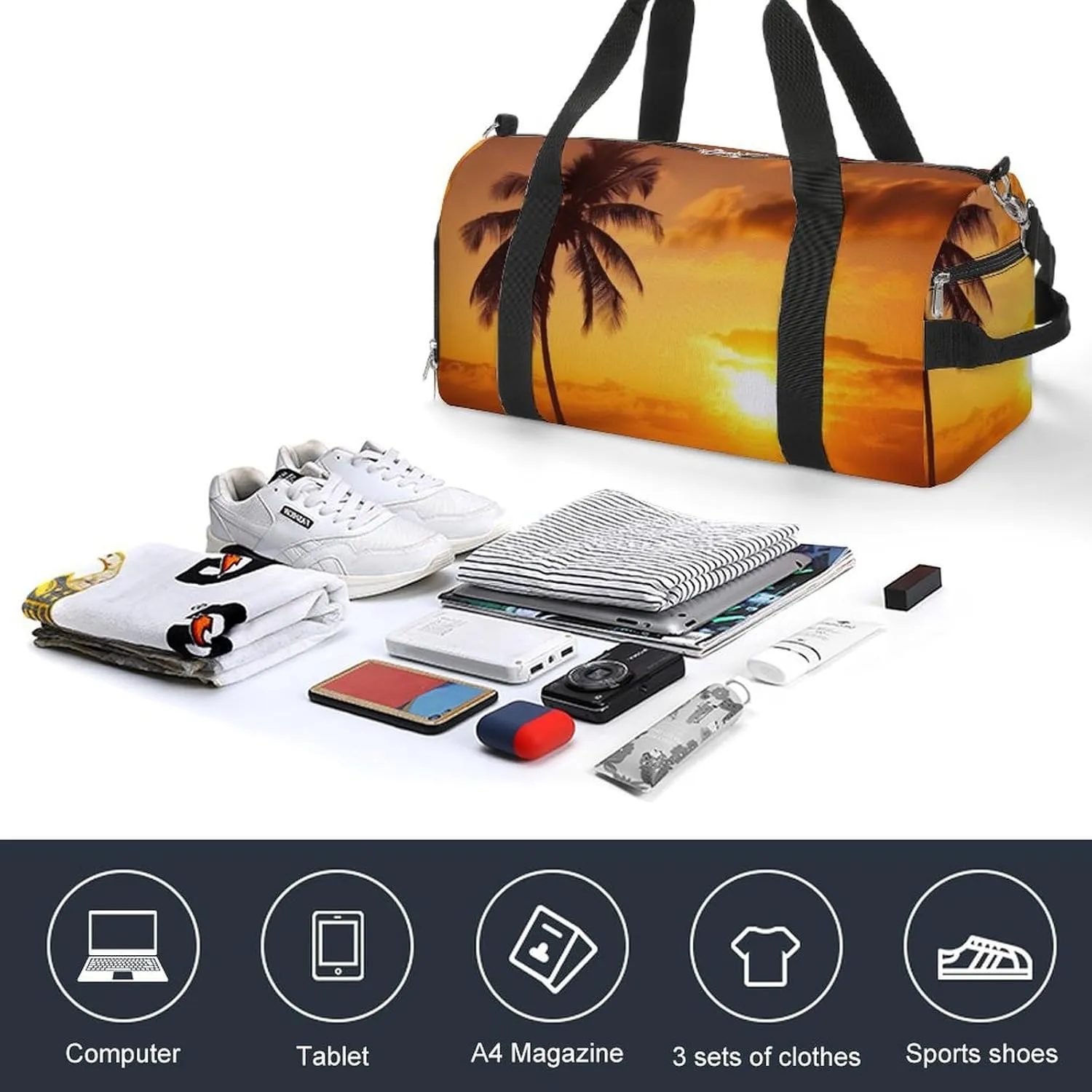 Gym Bags for Men Women Palm Tree Sunset Duffle Bag Travel Overnight Bag with Shoe Compartment Tote Bags