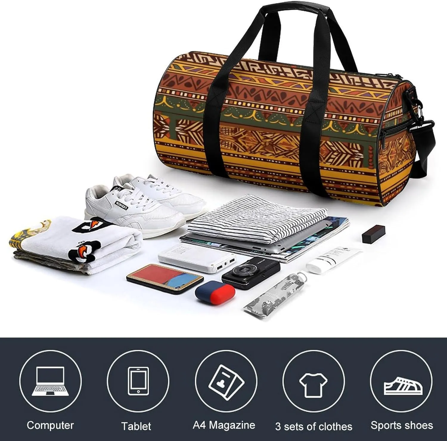 Gym Bags Small African National Patterns Duffel Bag Overnight Bag with Shoe Compartment Carryon Bag for Men Women
