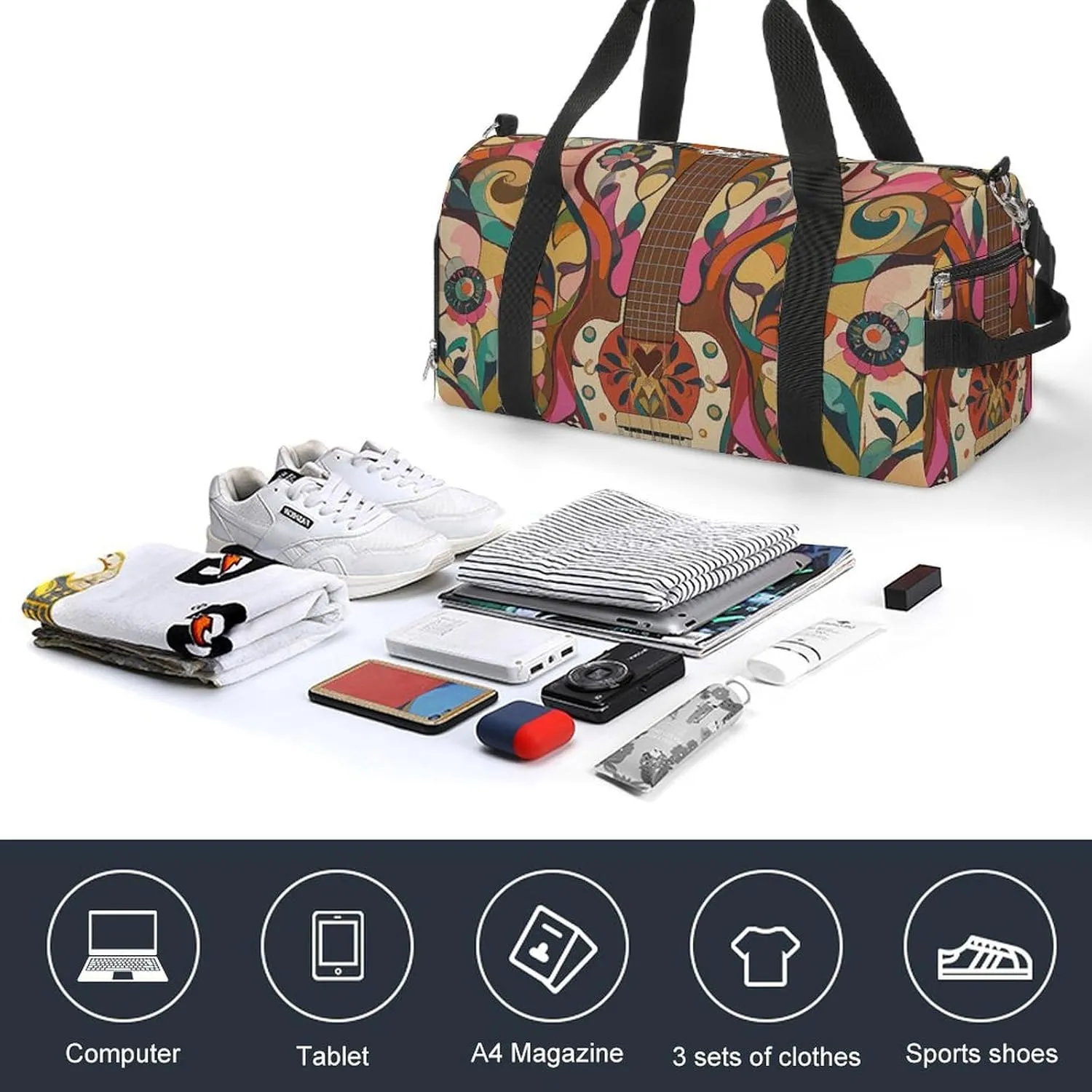 Gym Bags Small Art Guitar Pattern Duffel Bag Overnight Bag with Shoe Compartment Carryon Bag for Men Women